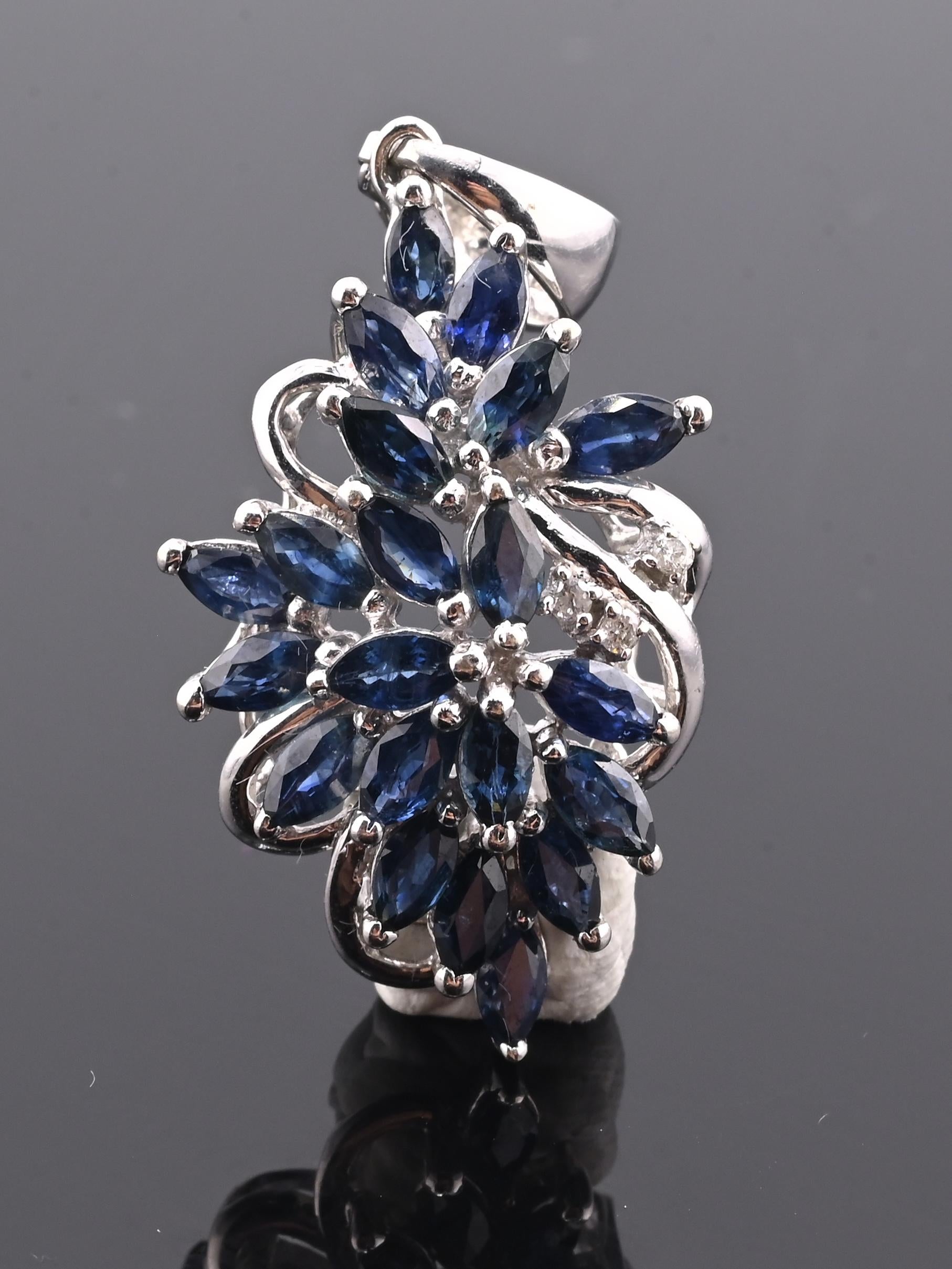 IGI Certified 14K White Gold Sapphire & Diamond Pendant 3.15 CTW Floral Design