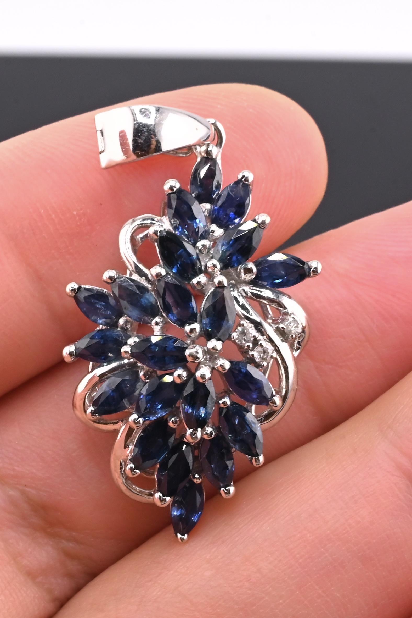 IGI Certified 14K White Gold Sapphire & Diamond Pendant 3.15 CTW Floral Design