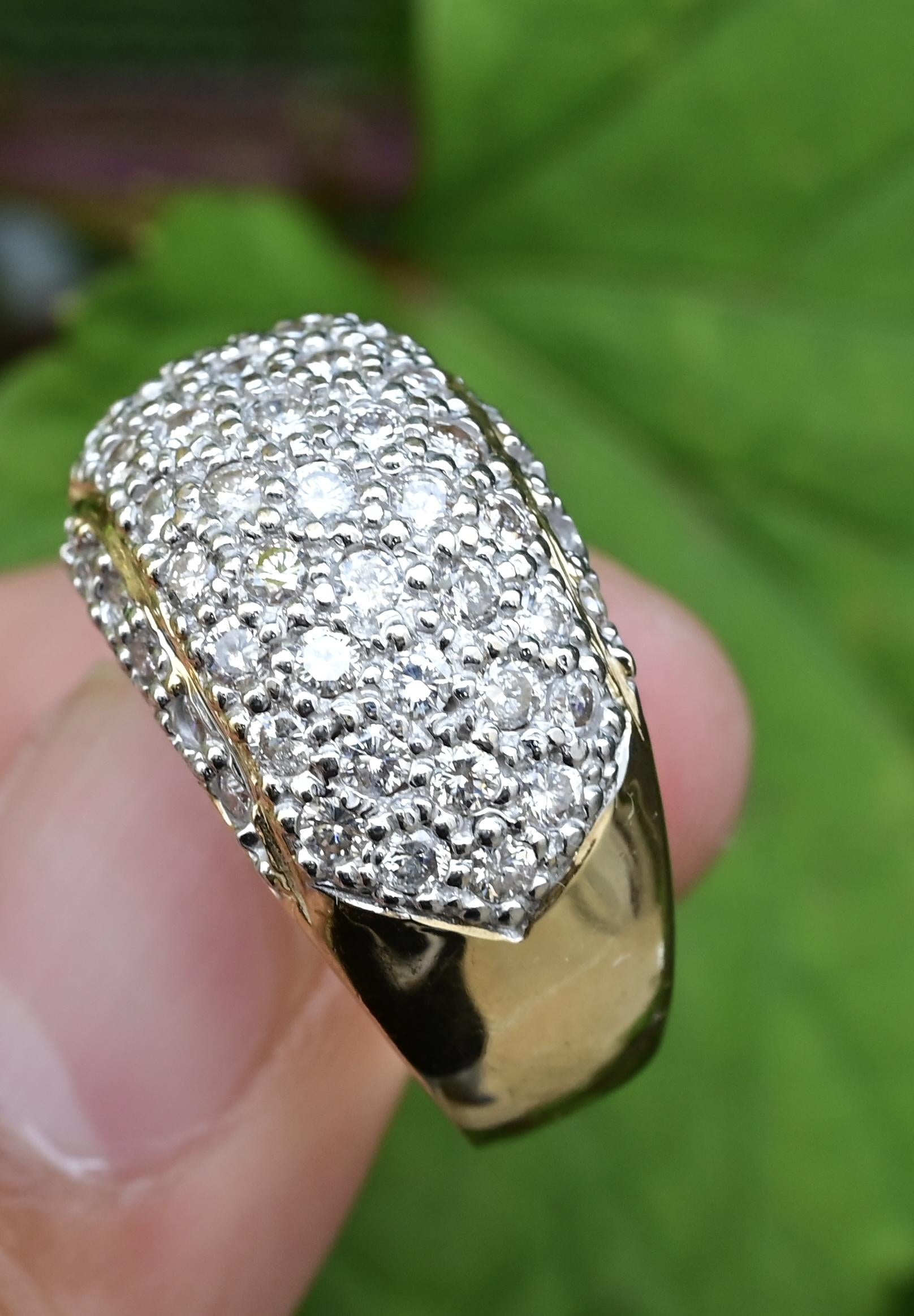14K Yellow Gold Diamond Pave Dome Ring with 1.82 Carats, Size 8.5 IGI Certified