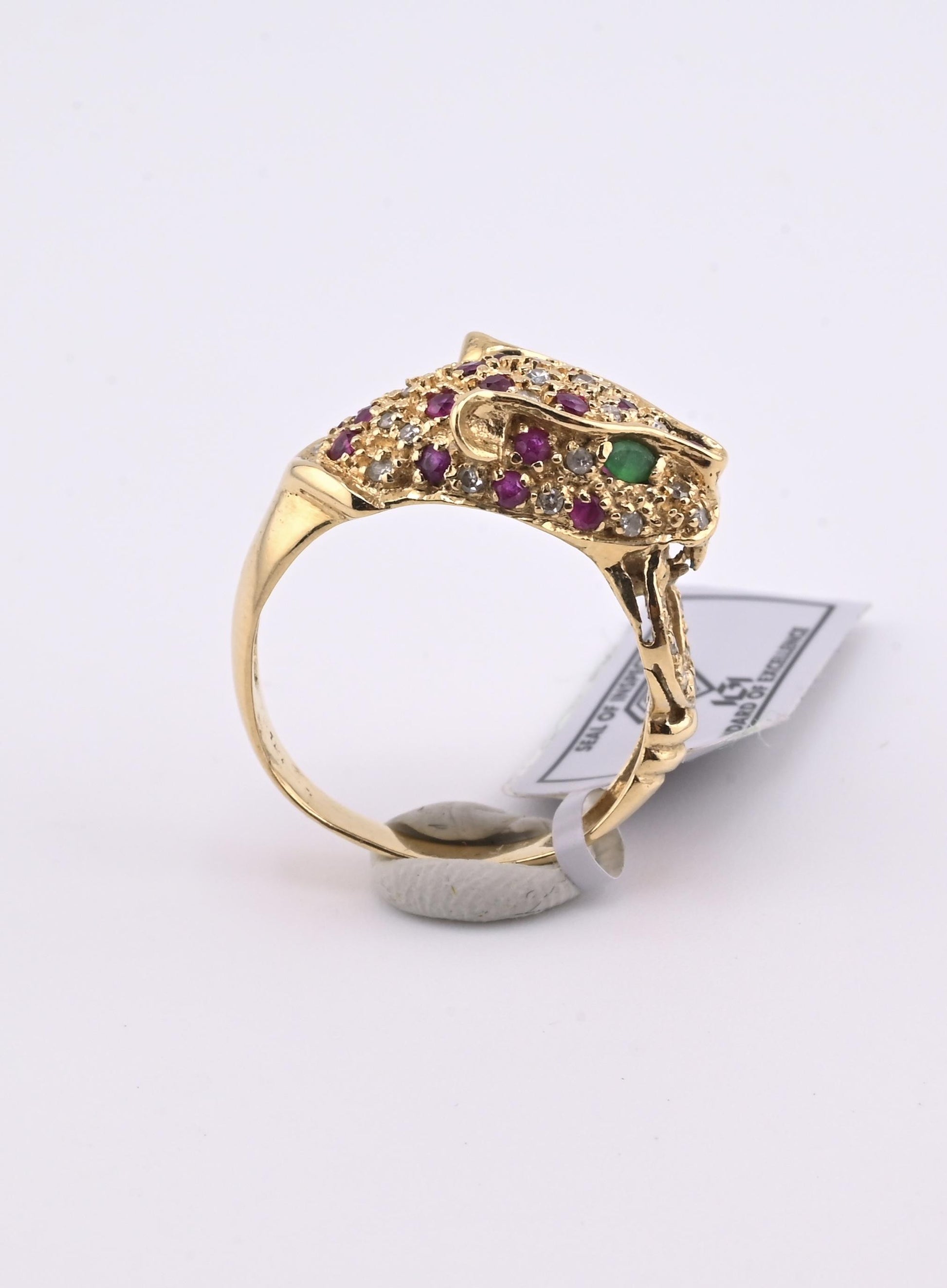 IGI Certified Vintage 14K Yellow Gold Ruby Emerald Diamond Leopard Ring Size 6.5