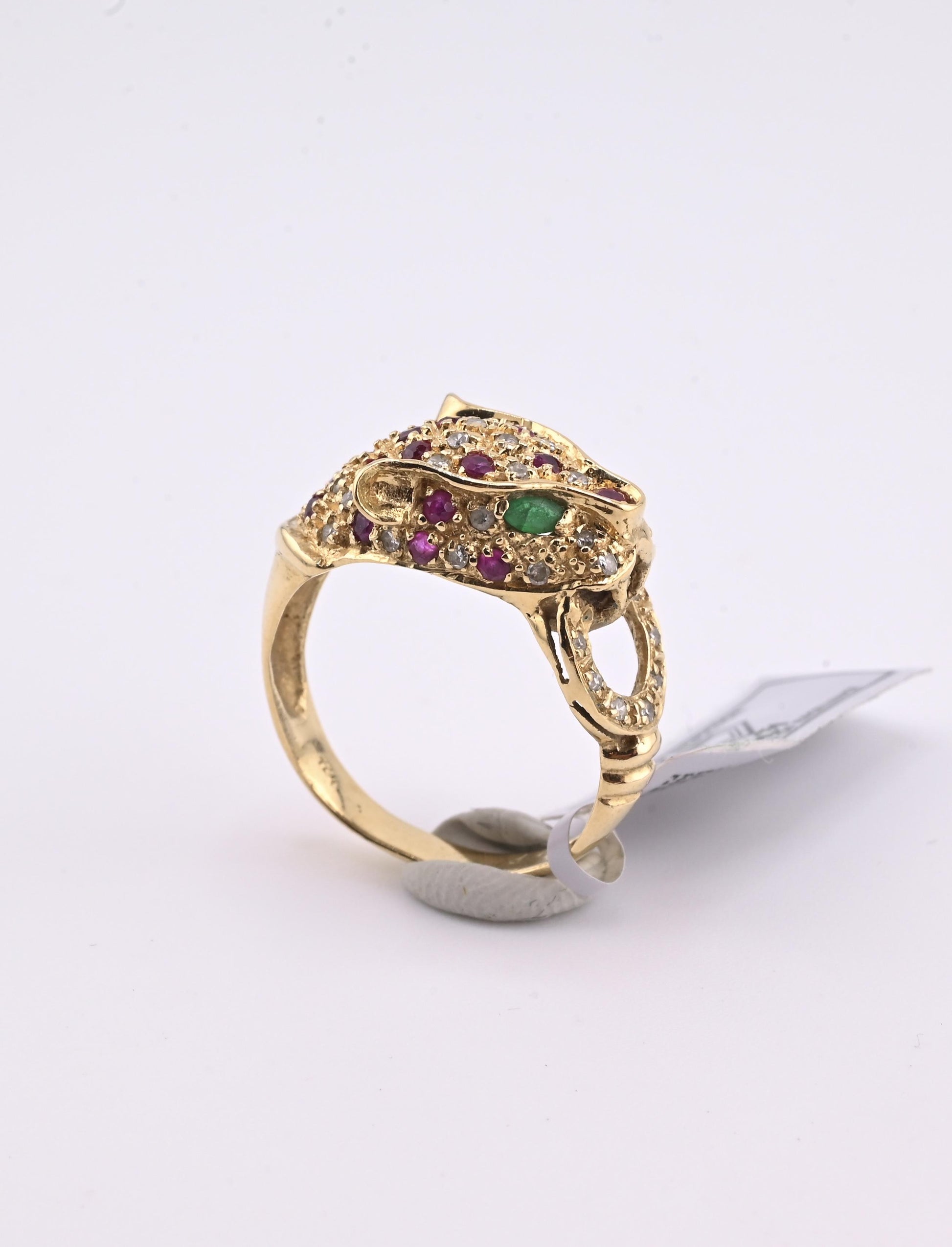 IGI Certified Vintage 14K Yellow Gold Ruby Emerald Diamond Leopard Ring Size 6.5
