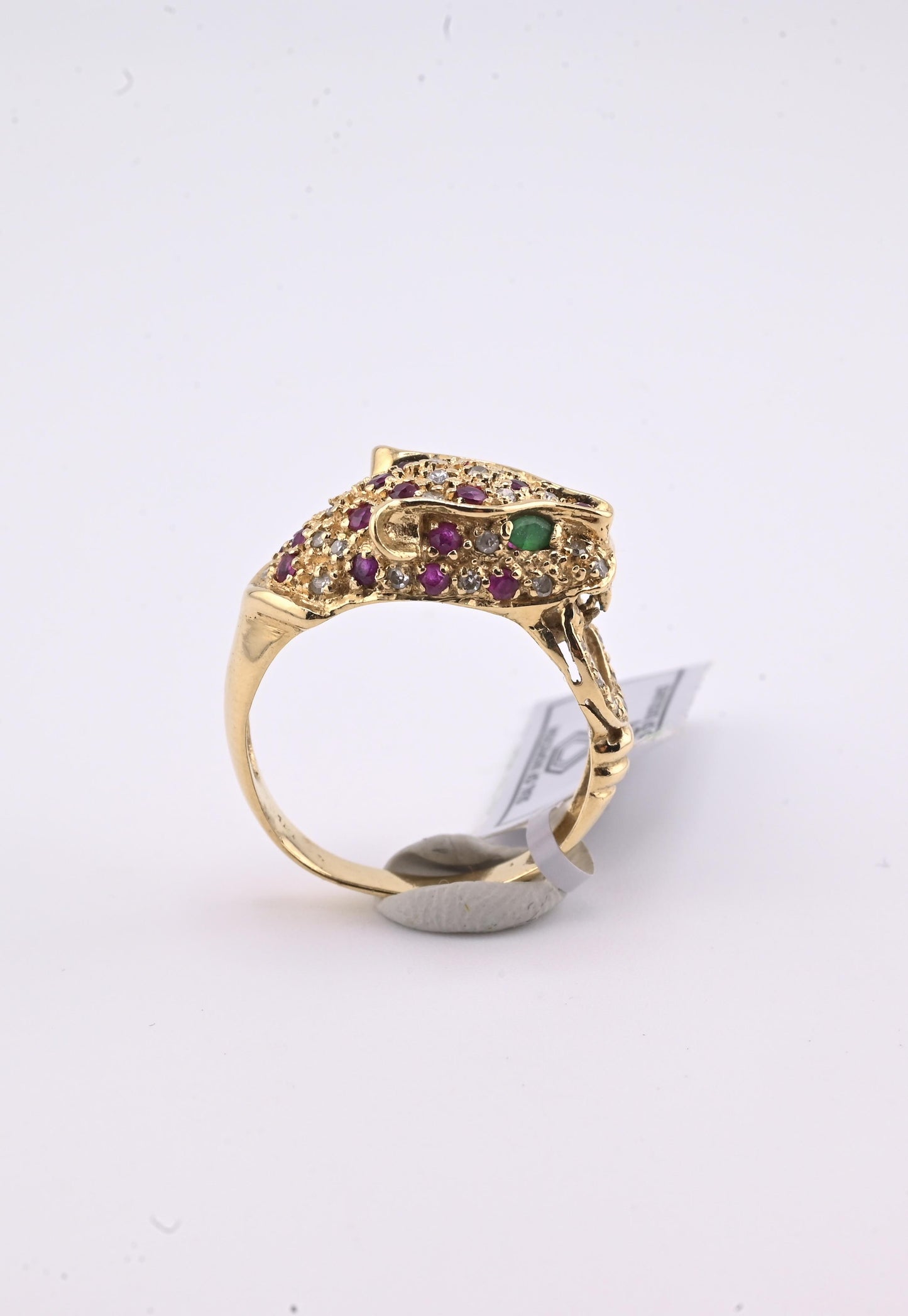 IGI Certified Vintage 14K Yellow Gold Ruby Emerald Diamond Leopard Ring Size 6.5