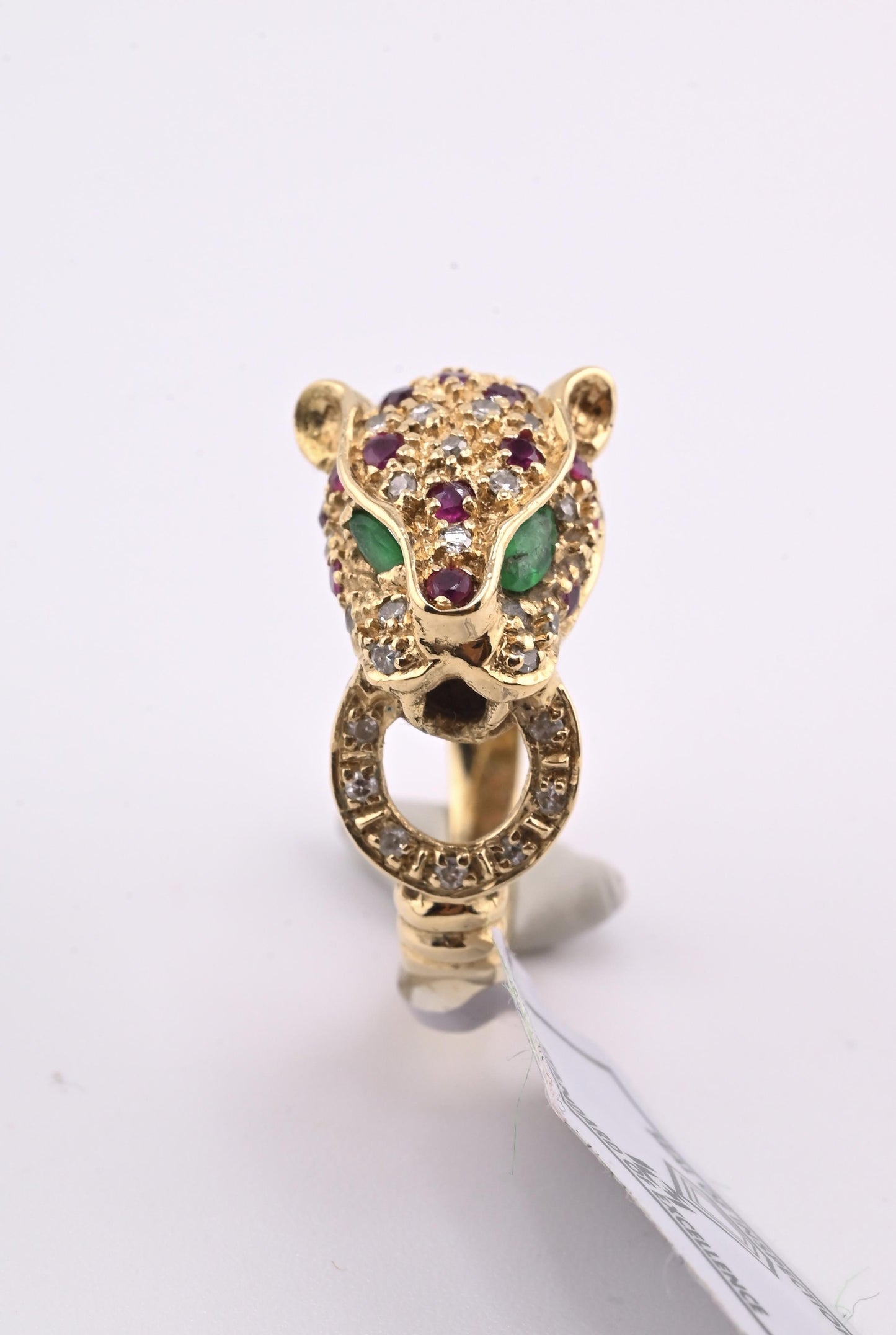 IGI Certified Vintage 14K Yellow Gold Ruby Emerald Diamond Leopard Ring Size 6.5