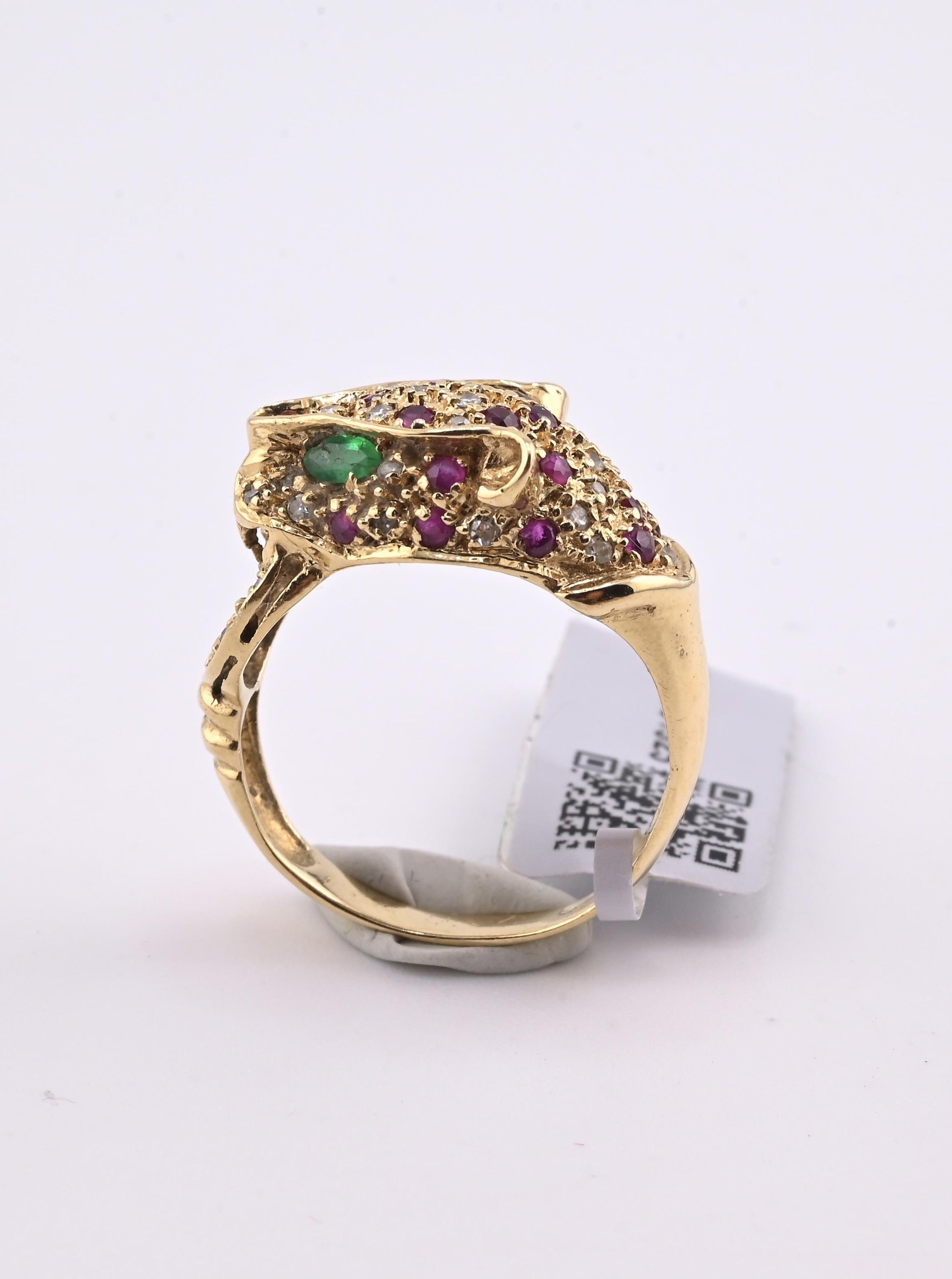 IGI Certified Vintage 14K Yellow Gold Ruby Emerald Diamond Leopard Ring Size 6.5