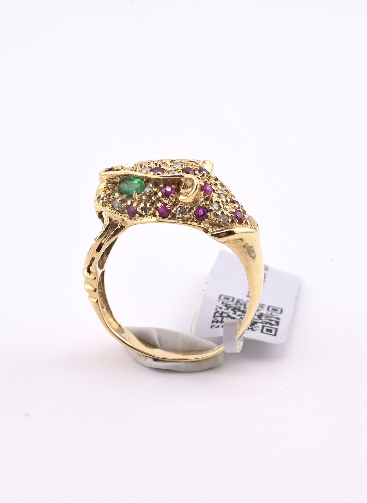 IGI Certified Vintage 14K Yellow Gold Ruby Emerald Diamond Leopard Ring Size 6.5
