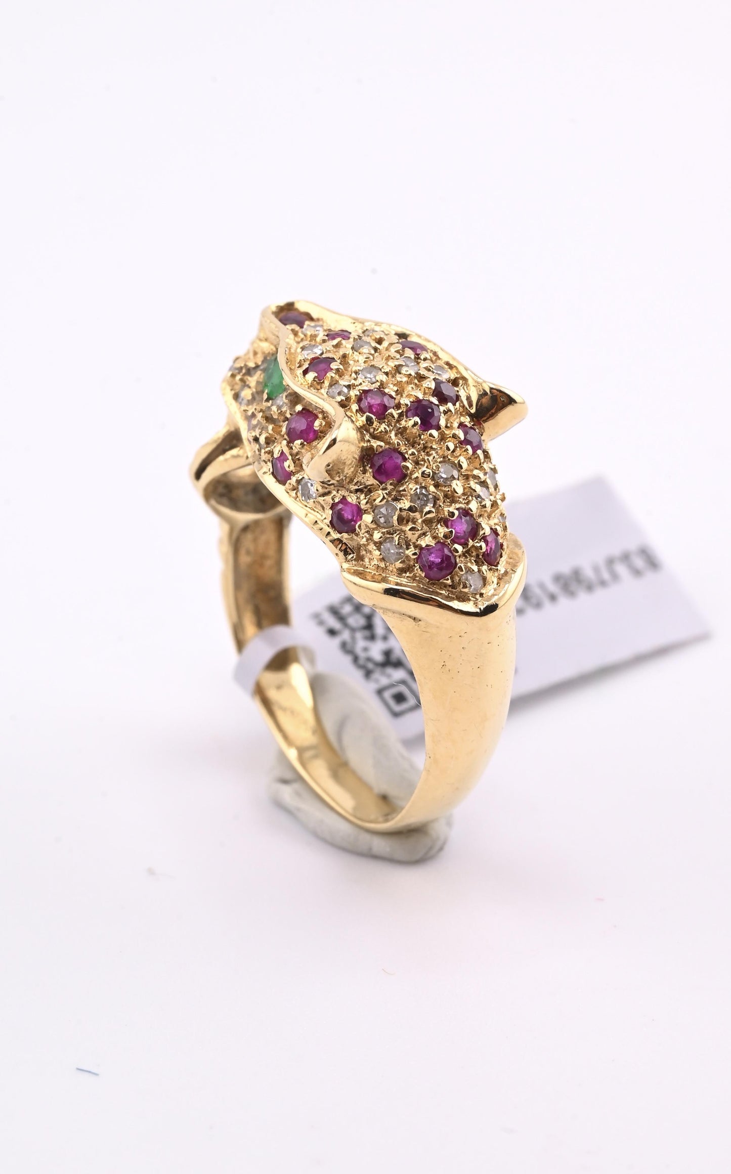 IGI Certified Vintage 14K Yellow Gold Ruby Emerald Diamond Leopard Ring Size 6.5
