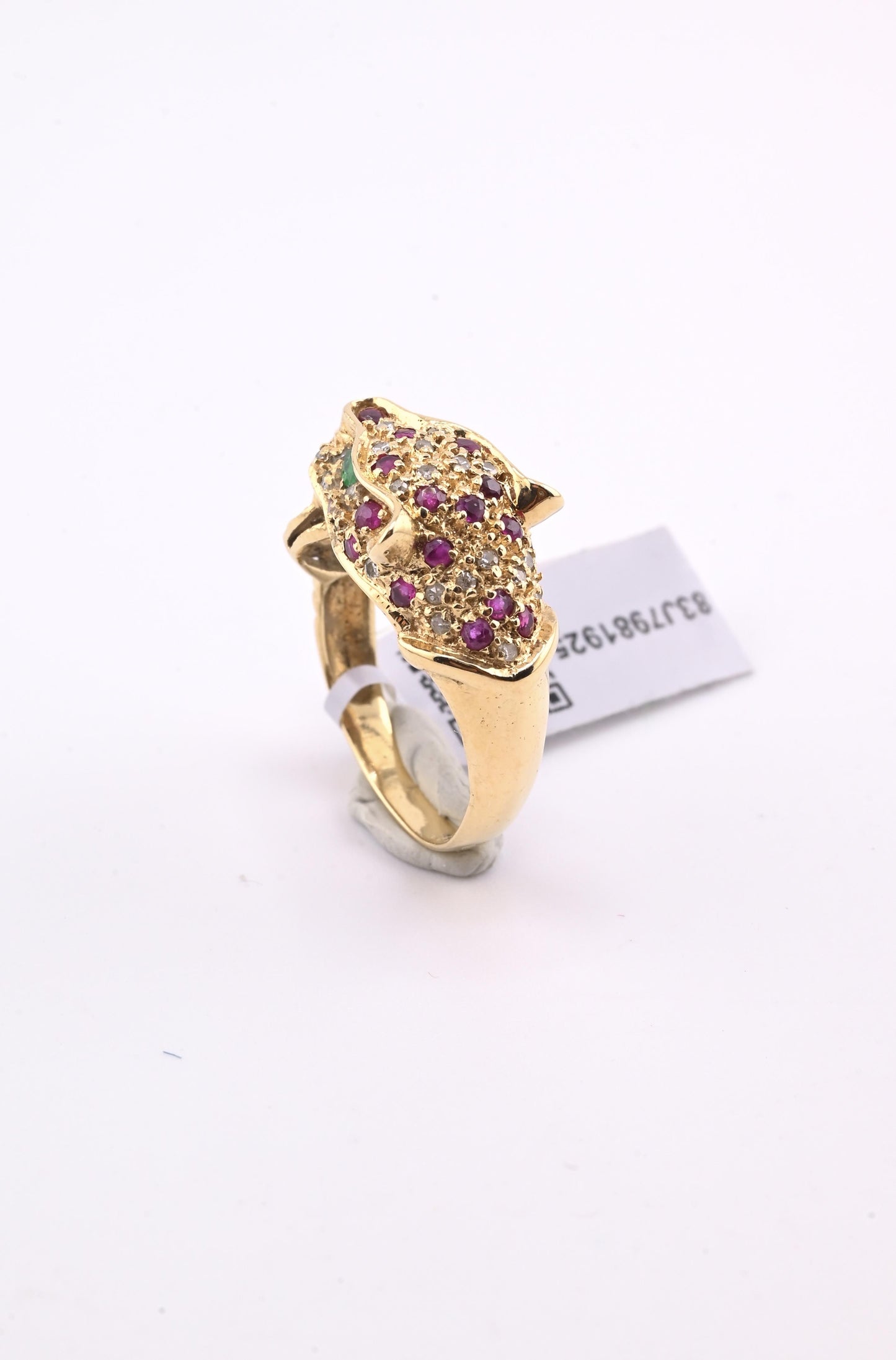 IGI Certified Vintage 14K Yellow Gold Ruby Emerald Diamond Leopard Ring Size 6.5