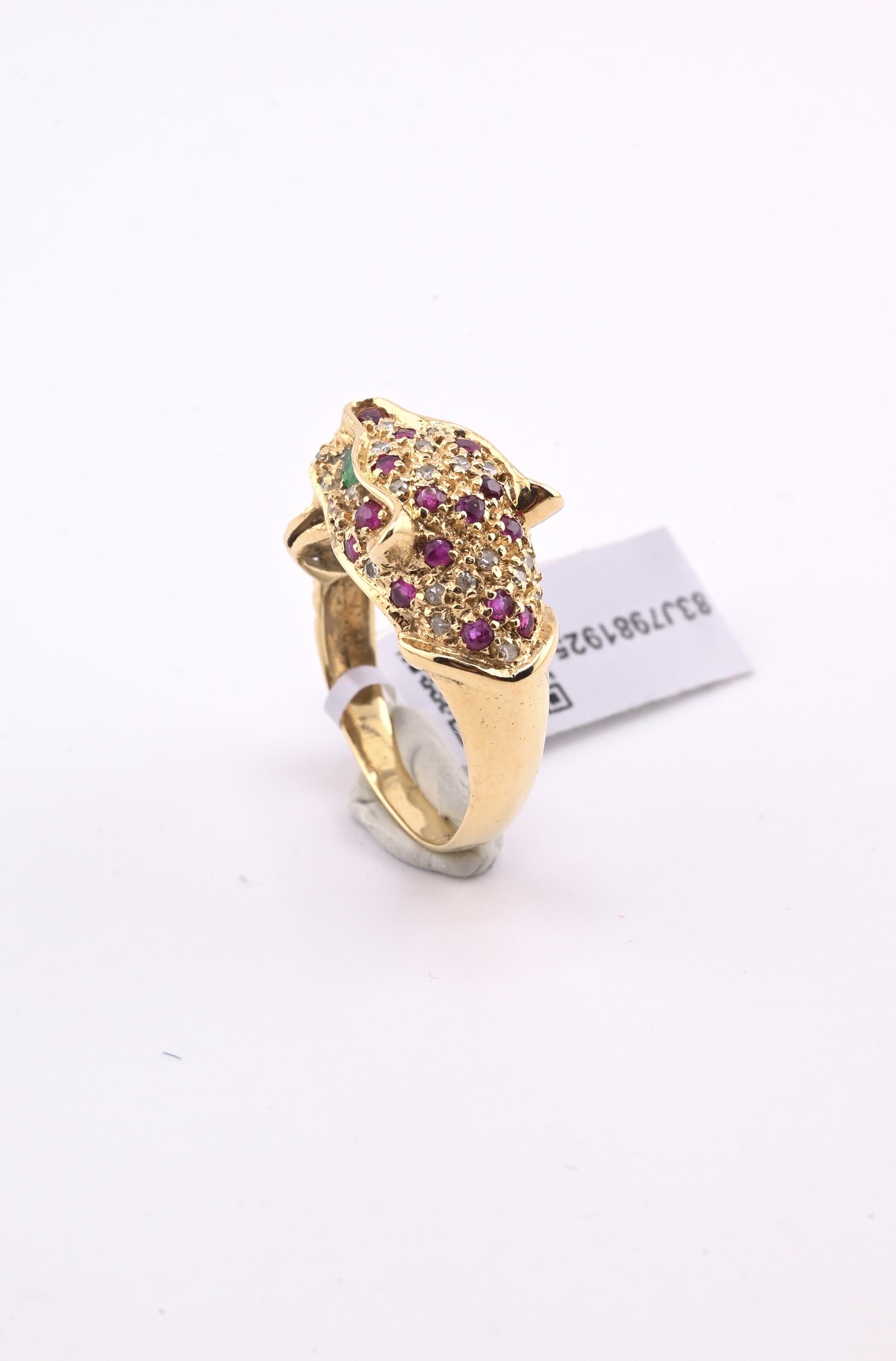 IGI Certified Vintage 14K Yellow Gold Ruby Emerald Diamond Leopard Ring Size 6.5