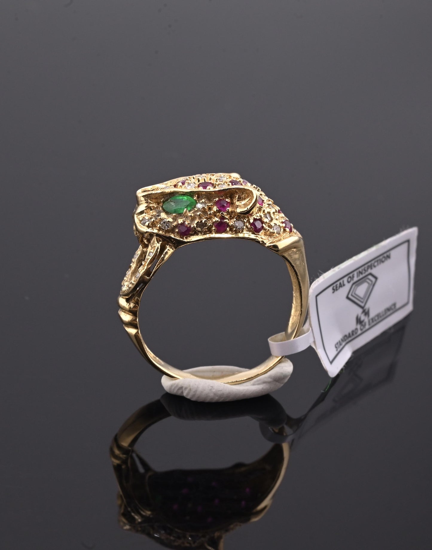 IGI Certified Vintage 14K Yellow Gold Ruby Emerald Diamond Leopard Ring Size 6.5