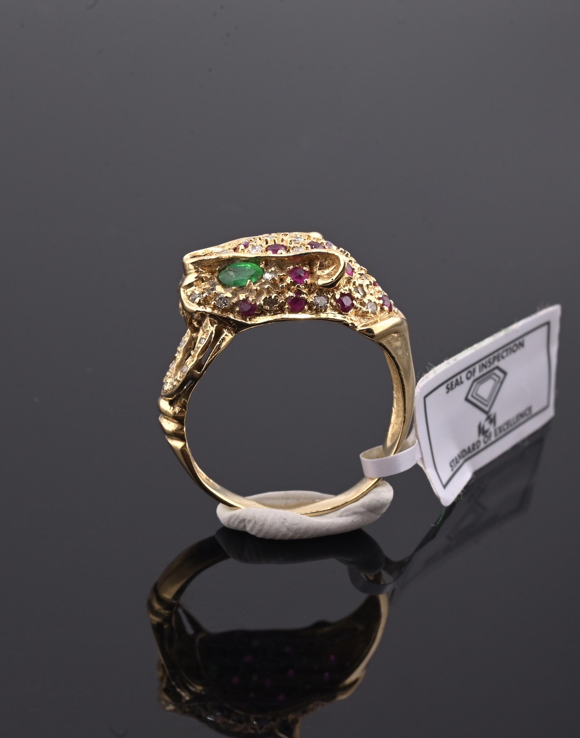IGI Certified Vintage 14K Yellow Gold Ruby Emerald Diamond Leopard Ring Size 6.5