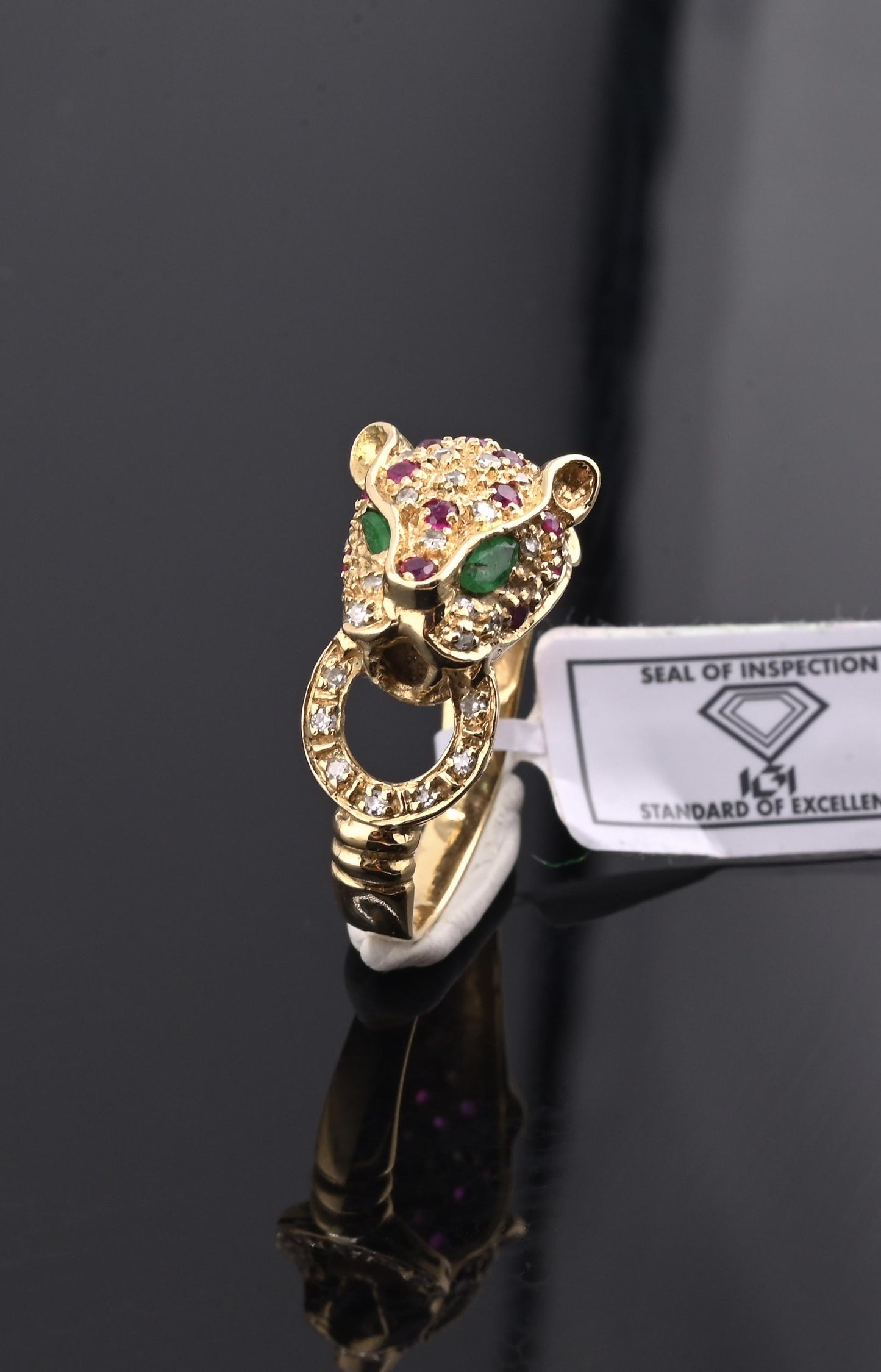 IGI Certified Vintage 14K Yellow Gold Ruby Emerald Diamond Leopard Ring Size 6.5