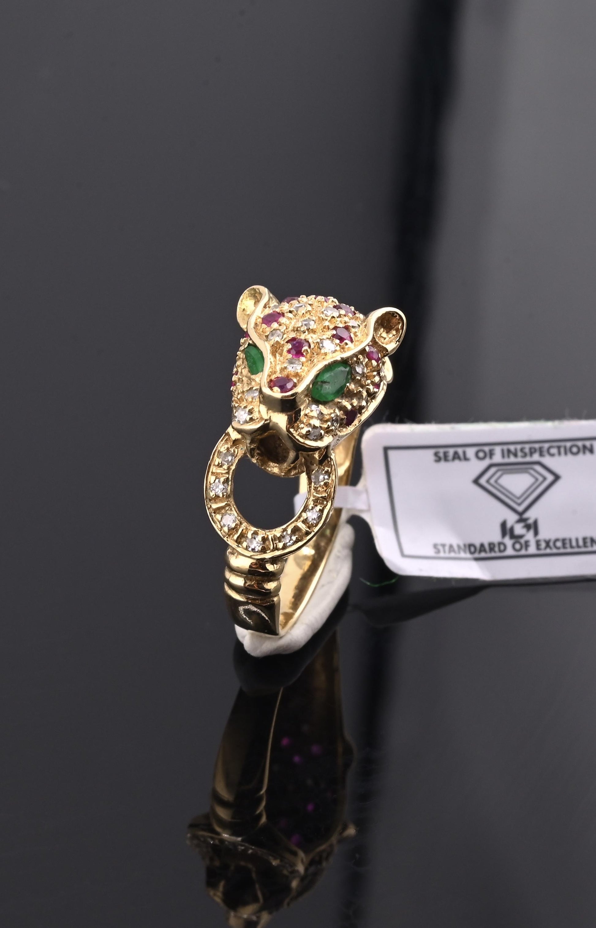 IGI Certified Vintage 14K Yellow Gold Ruby Emerald Diamond Leopard Ring Size 6.5