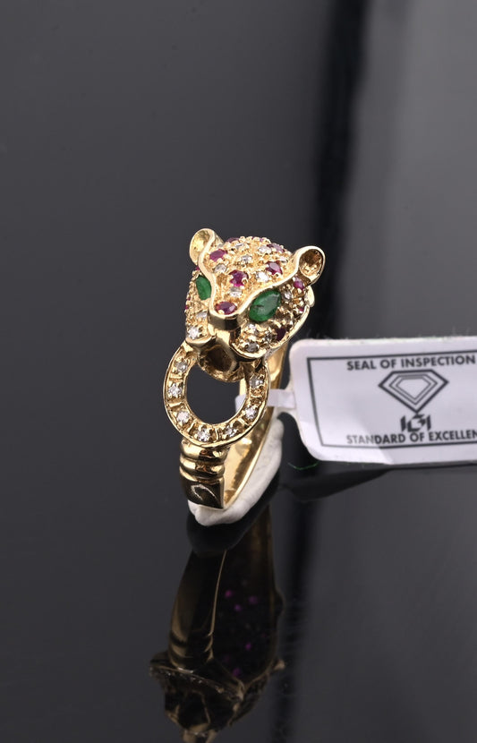 IGI Certified Vintage 14K Yellow Gold Ruby Emerald Diamond Leopard Ring Size 6.5
