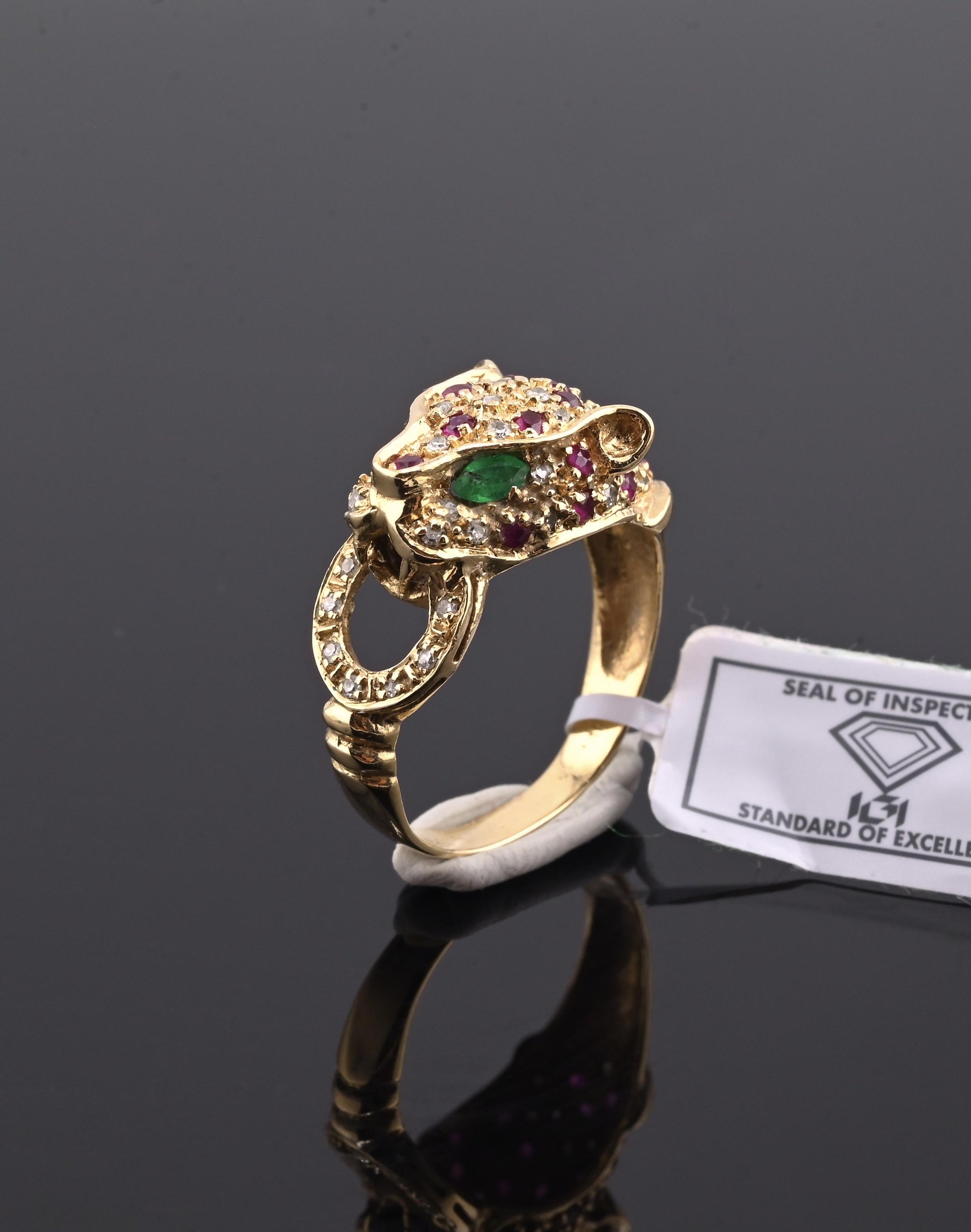 IGI Certified Vintage 14K Yellow Gold Ruby Emerald Diamond Leopard Ring Size 6.5