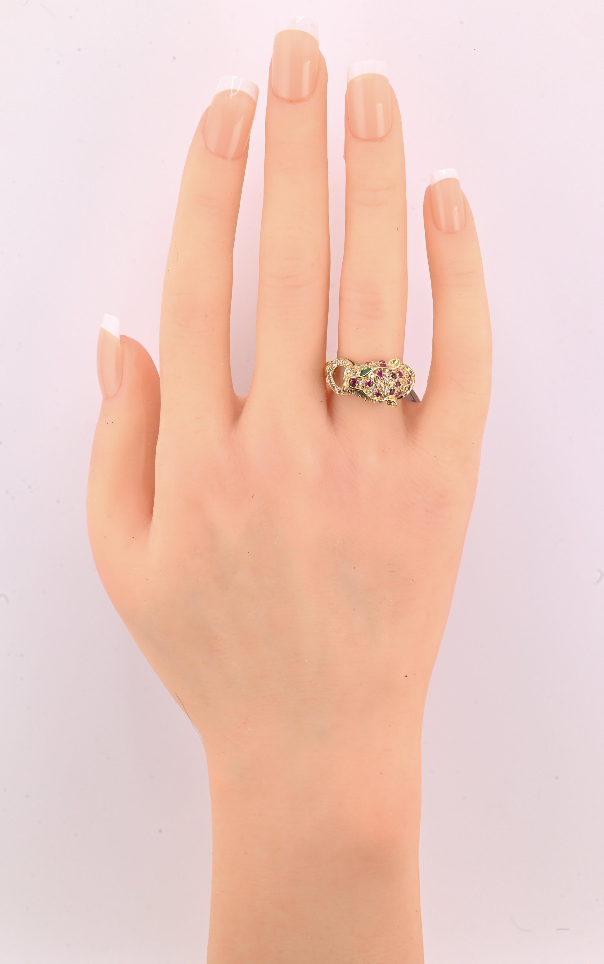 IGI Certified Vintage 14K Yellow Gold Ruby Emerald Diamond Leopard Ring Size 6.5