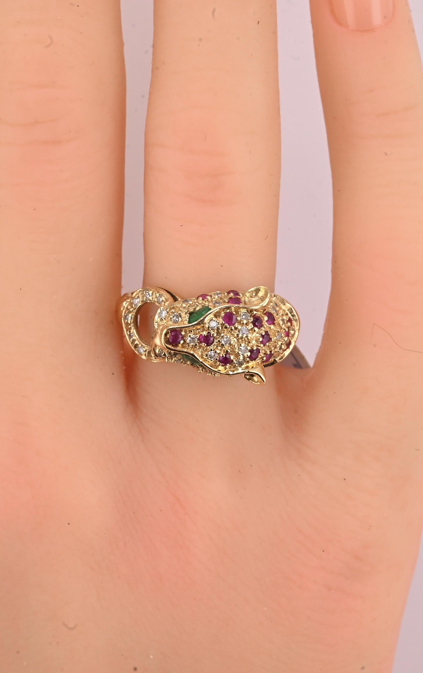 IGI Certified Vintage 14K Yellow Gold Ruby Emerald Diamond Leopard Ring Size 6.5