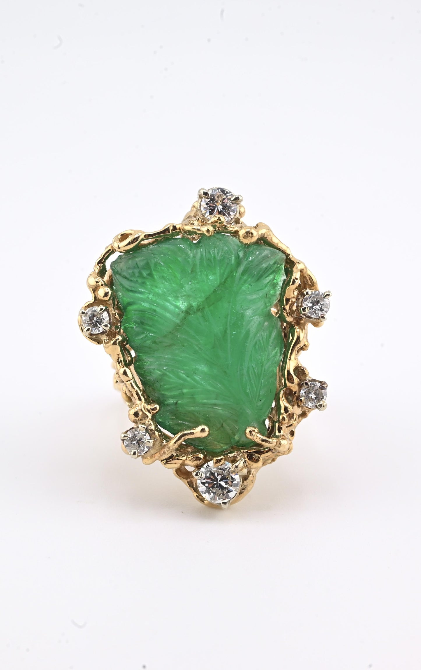 Amazing GIA Certified 14K Yellow Gold Carved Green Beryl & Diamond Ring 6.5