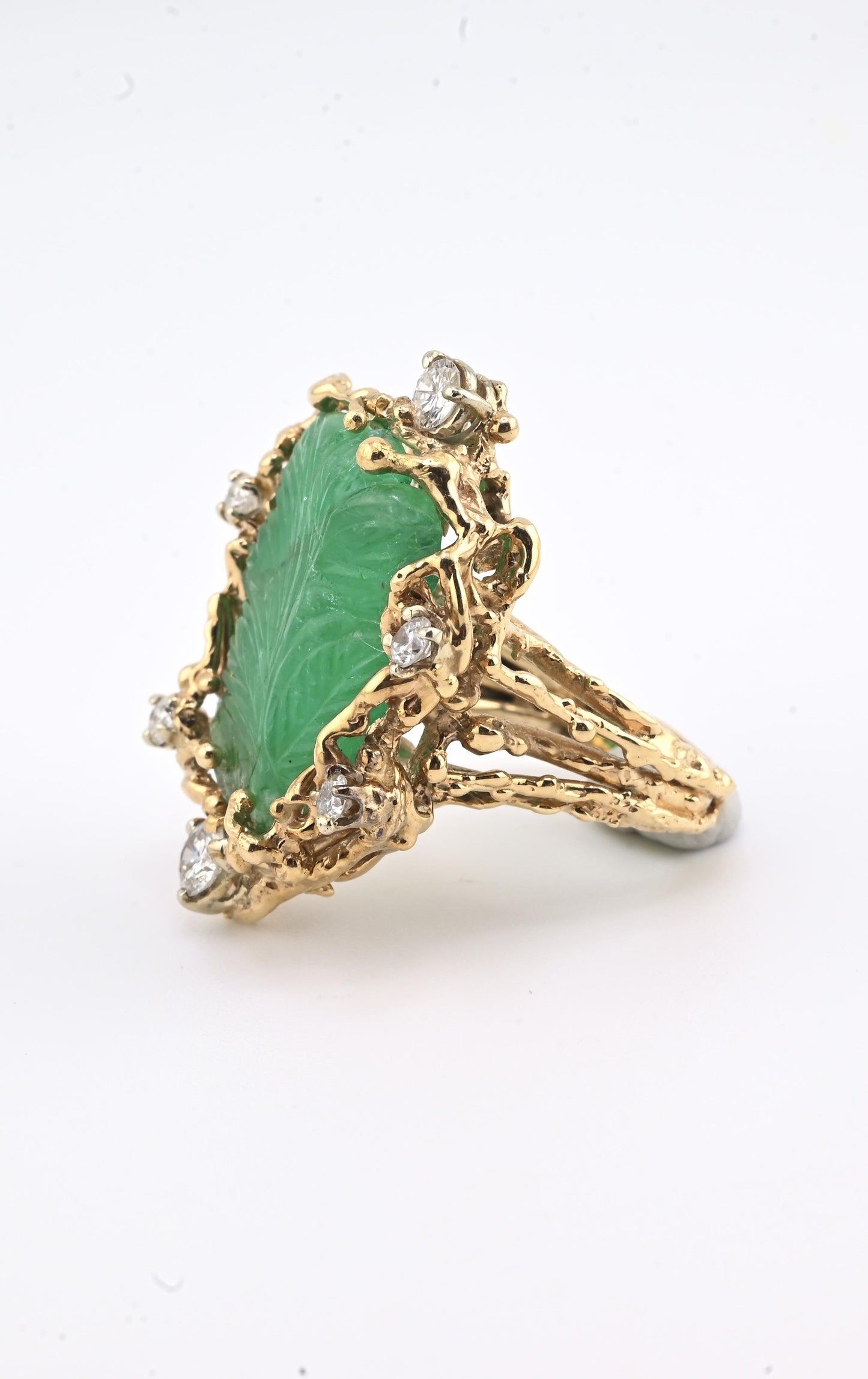 Amazing GIA Certified 14K Yellow Gold Carved Green Beryl & Diamond Ring 6.5
