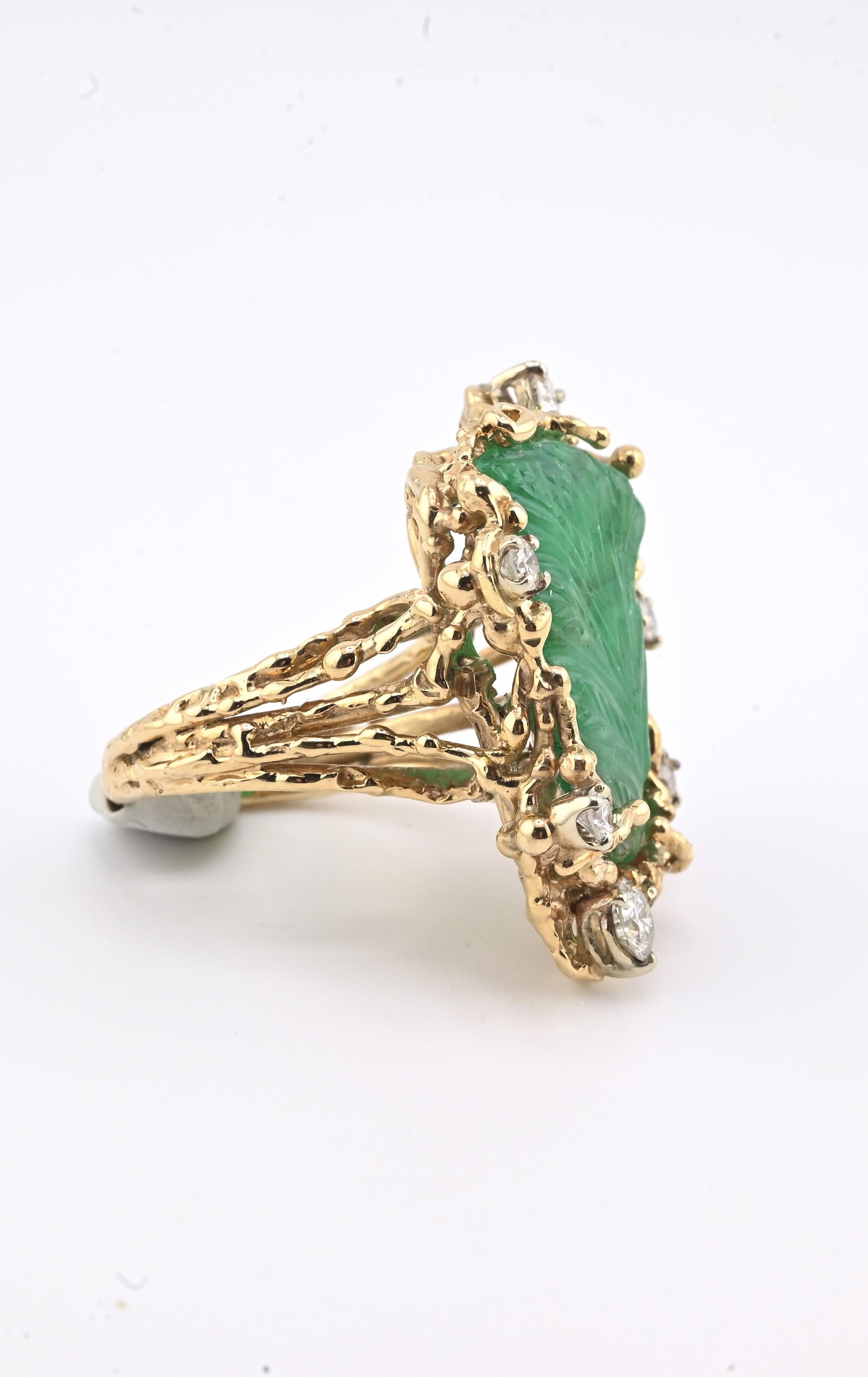 Amazing GIA Certified 14K Yellow Gold Carved Green Beryl & Diamond Ring 6.5