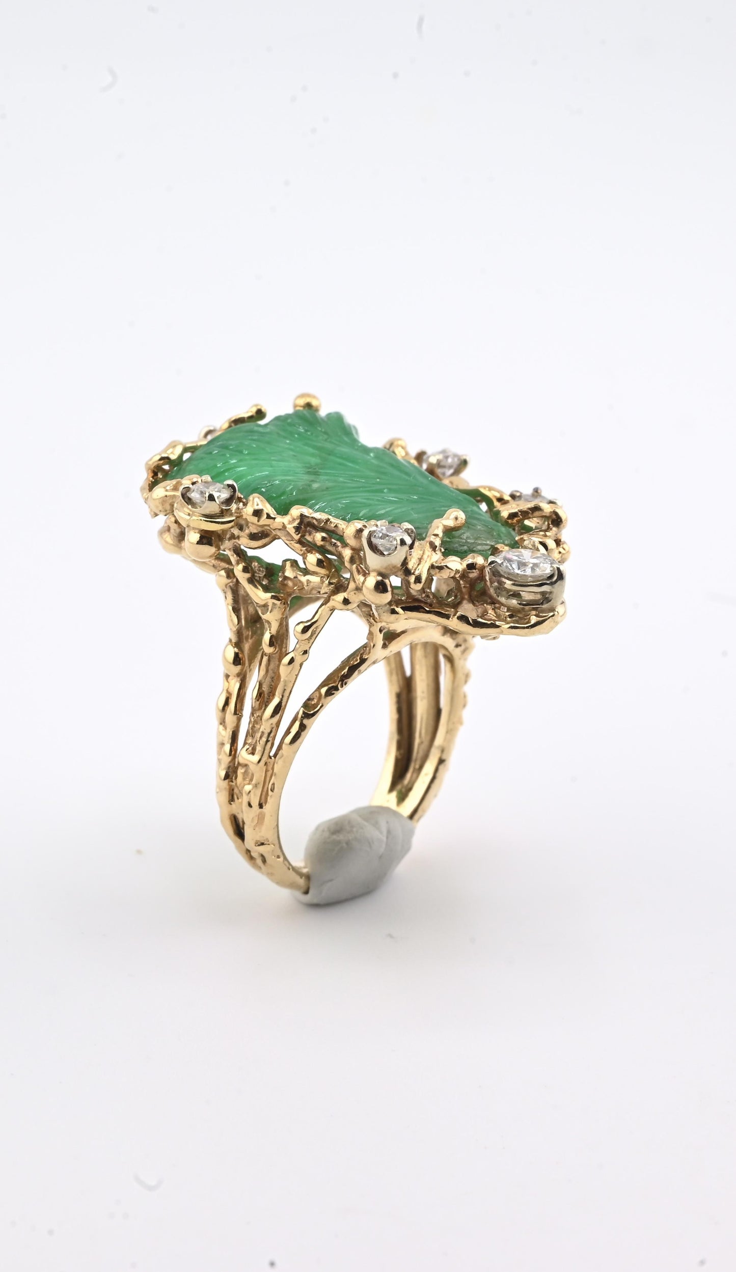Amazing GIA Certified 14K Yellow Gold Carved Green Beryl & Diamond Ring 6.5