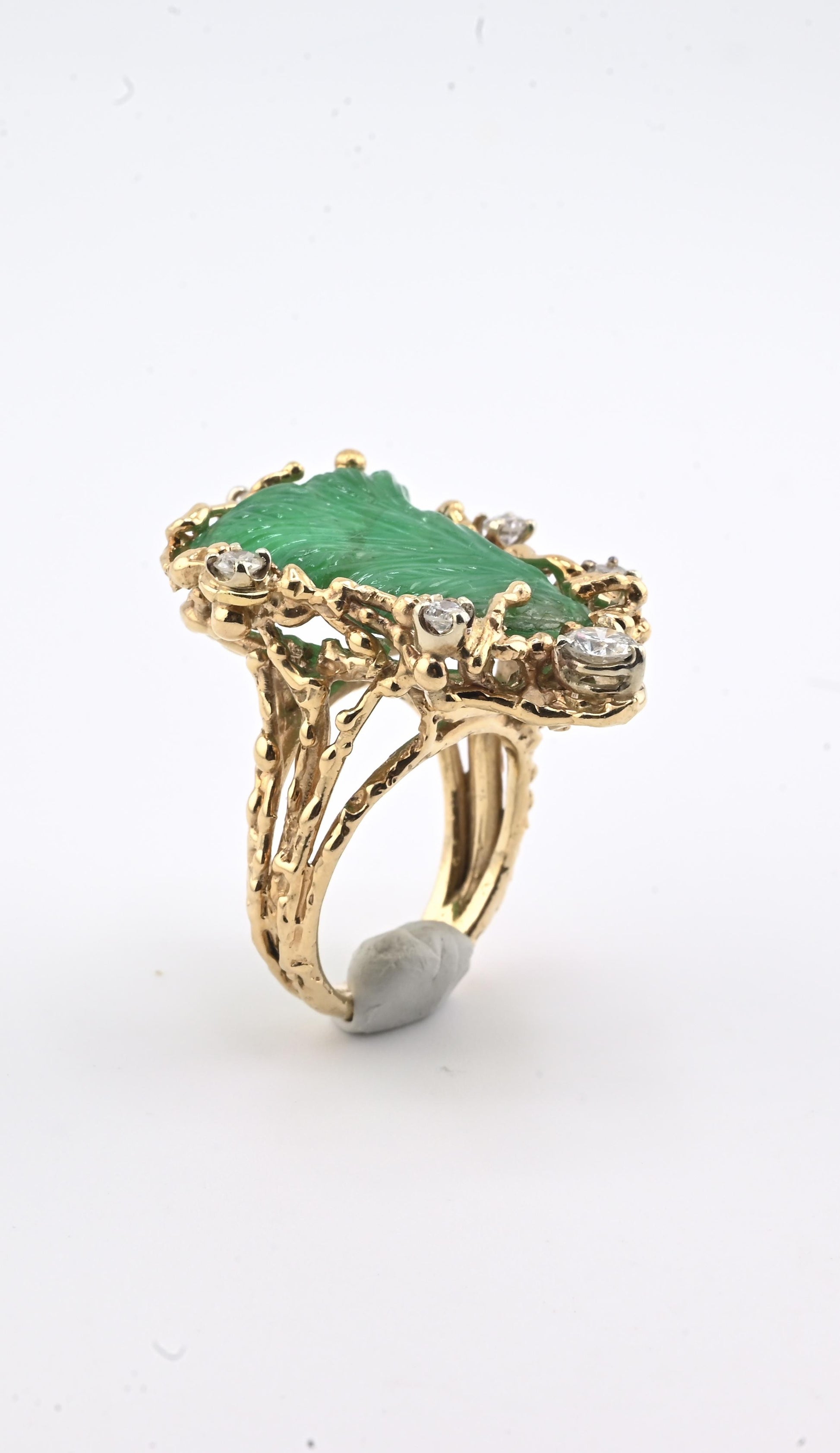 Amazing GIA Certified 14K Yellow Gold Carved Green Beryl & Diamond Ring 6.5