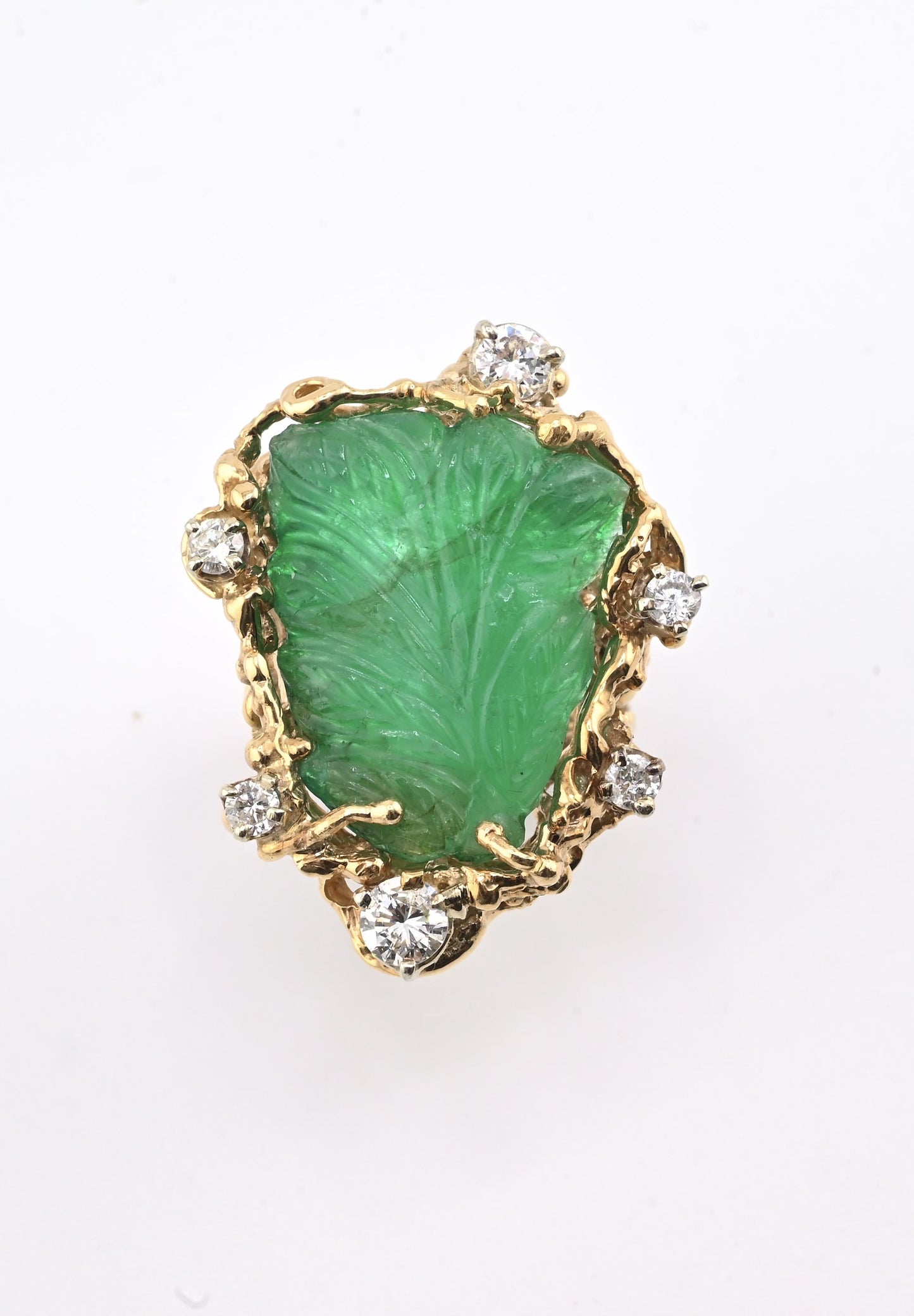Amazing GIA Certified 14K Yellow Gold Carved Green Beryl & Diamond Ring 6.5