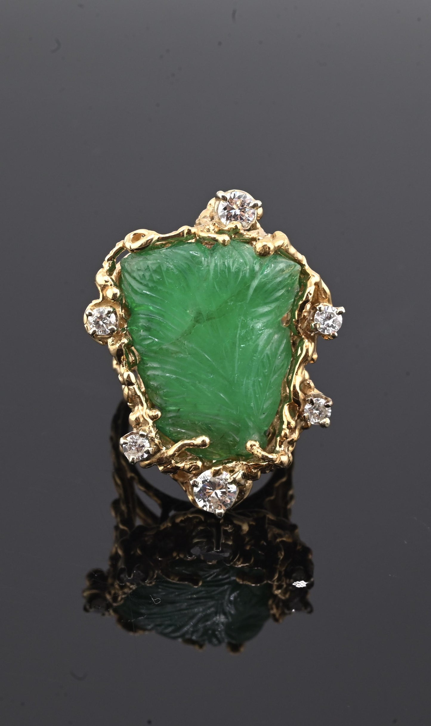 Amazing GIA Certified 14K Yellow Gold Carved Green Beryl & Diamond Ring 6.5