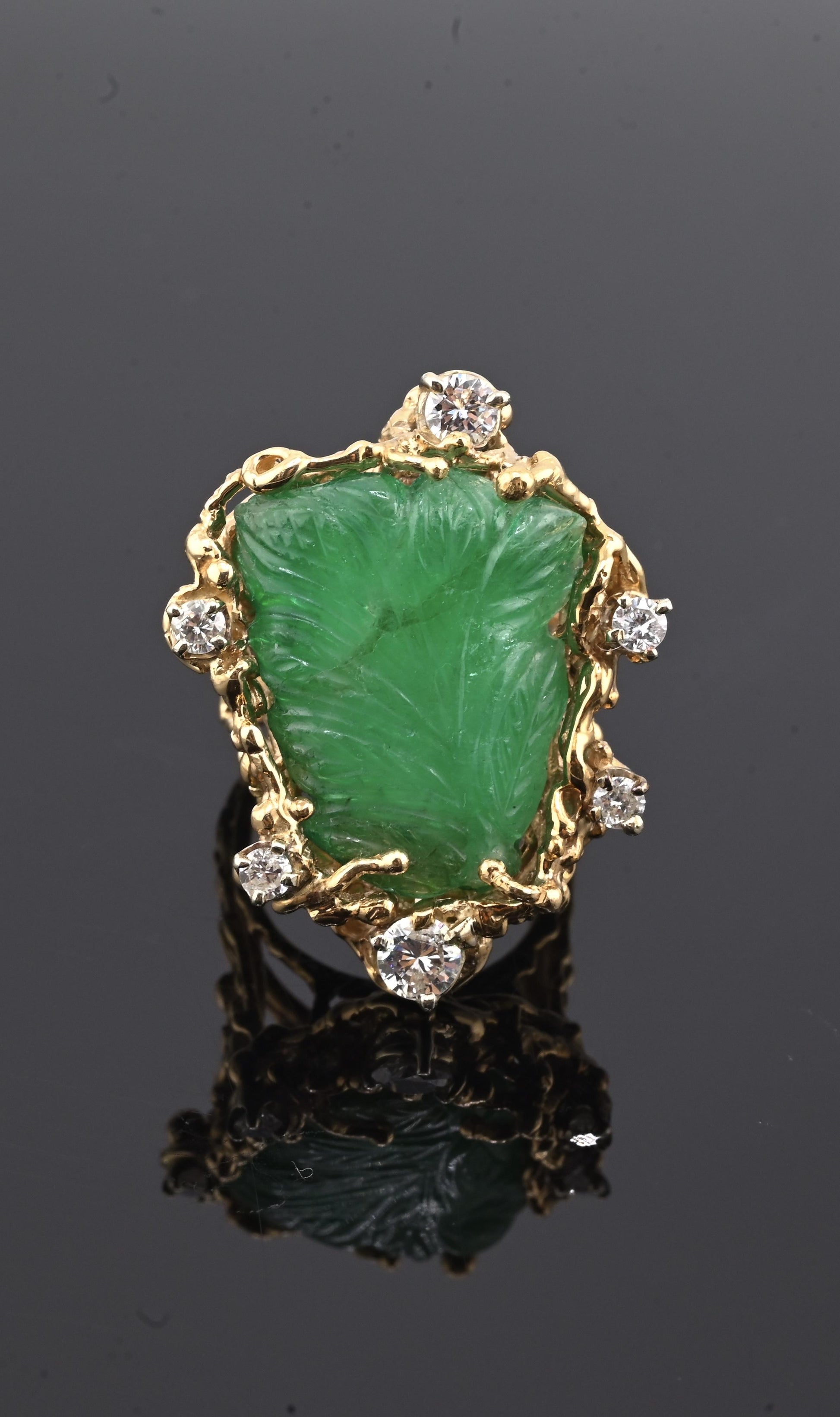 Amazing GIA Certified 14K Yellow Gold Carved Green Beryl & Diamond Ring 6.5