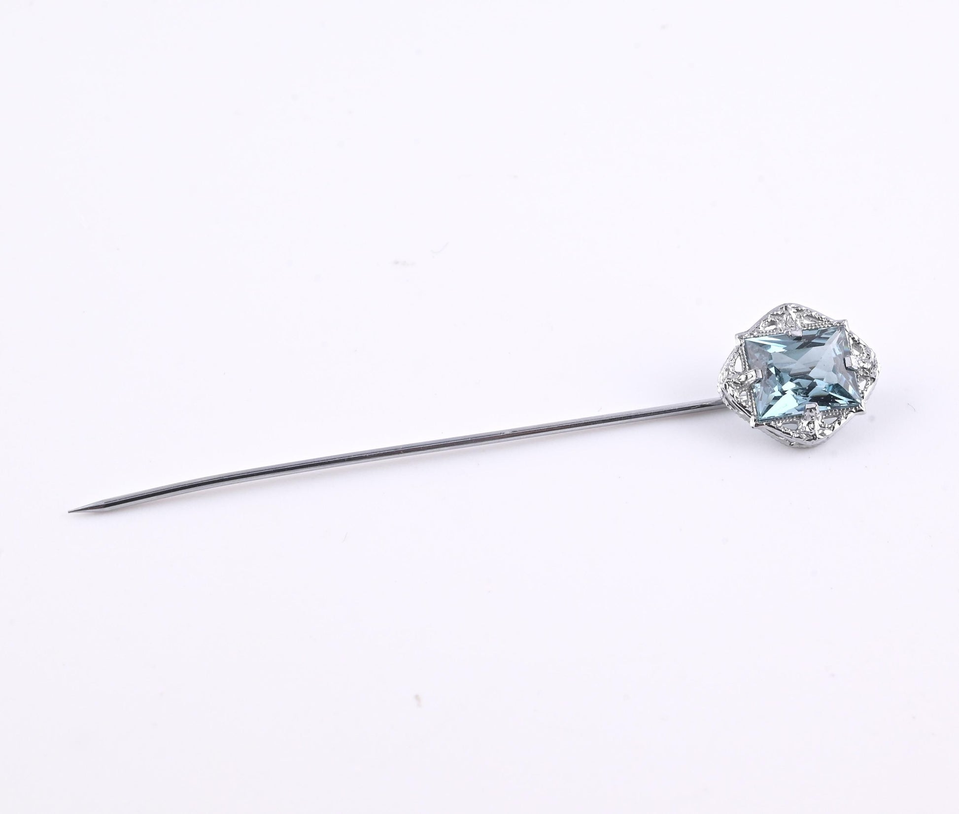 Vintage 10K White Gold Stick Pin Blue Spinel Lab Grown Lapel Tie Pin Estate 2.5”