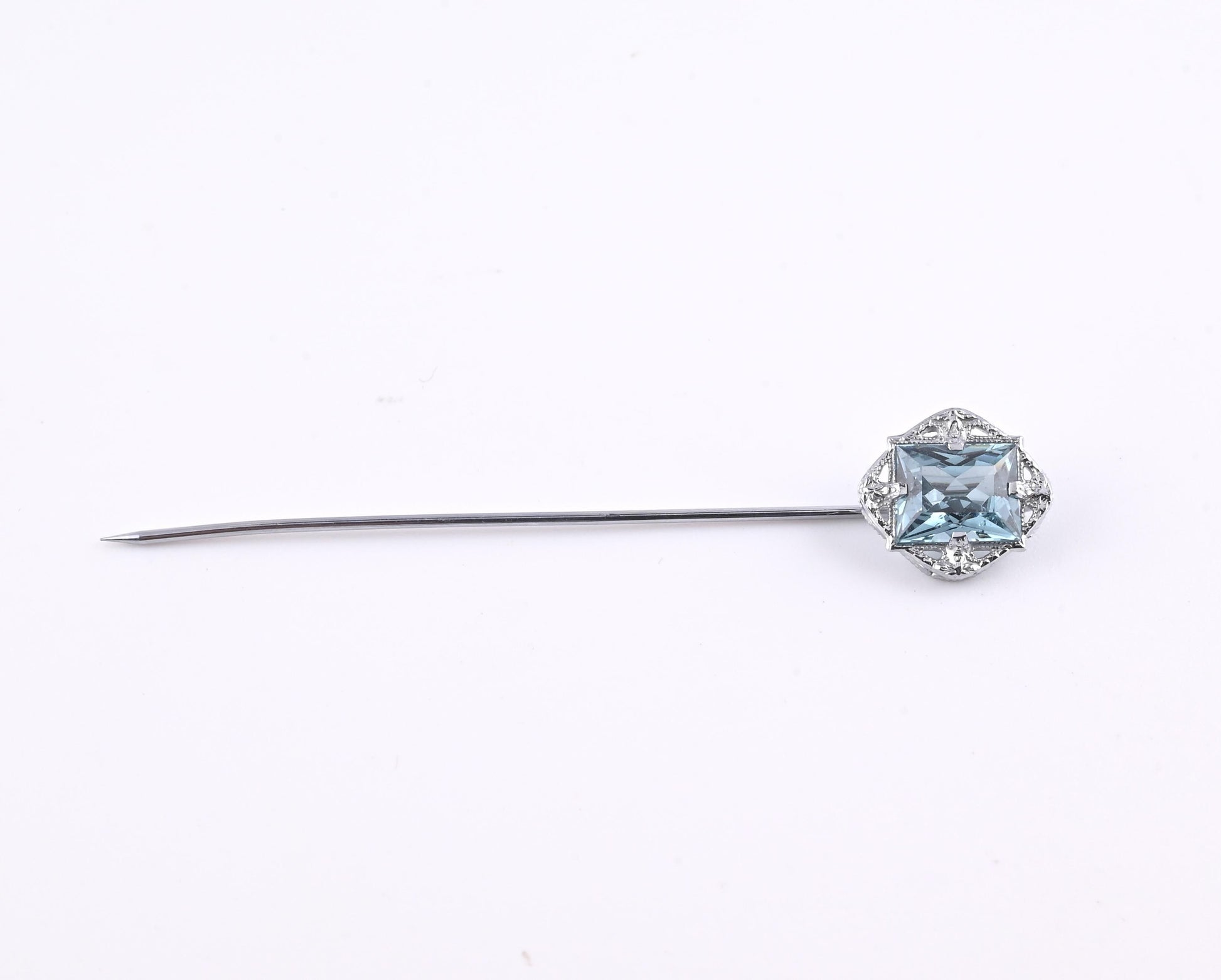 Vintage 10K White Gold Stick Pin Blue Spinel Lab Grown Lapel Tie Pin Estate 2.5”
