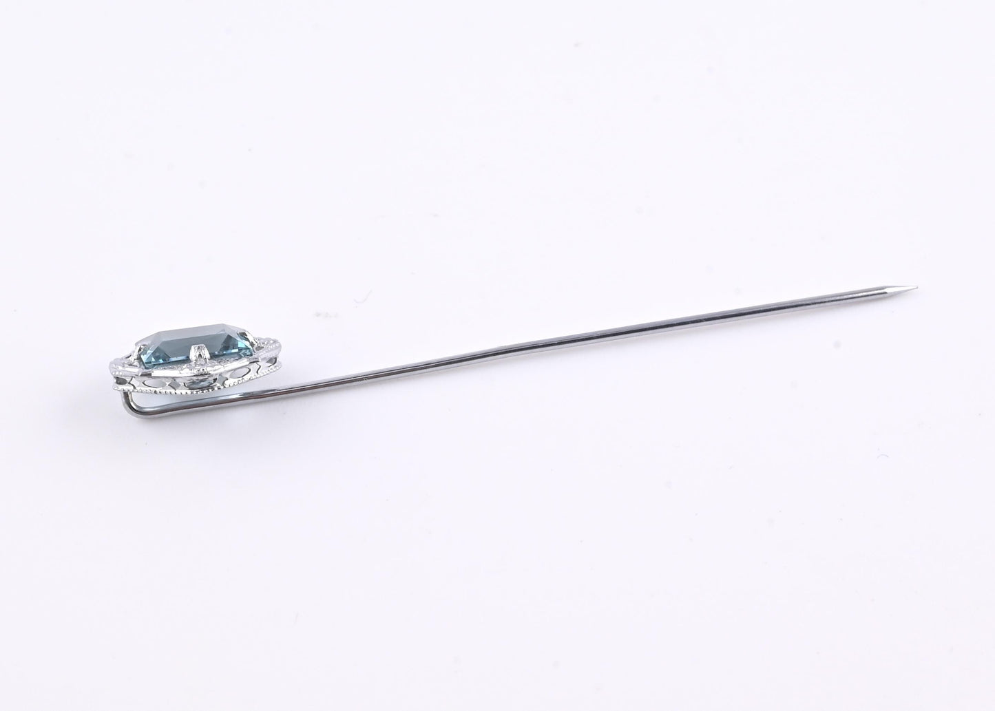 Vintage 10K White Gold Stick Pin Blue Spinel Lab Grown Lapel Tie Pin Estate 2.5”