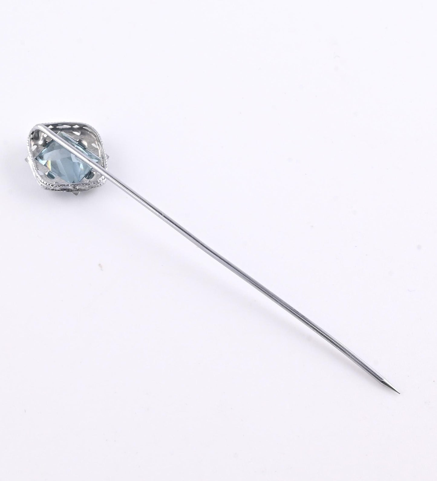 Vintage 10K White Gold Stick Pin Blue Spinel Lab Grown Lapel Tie Pin Estate 2.5”