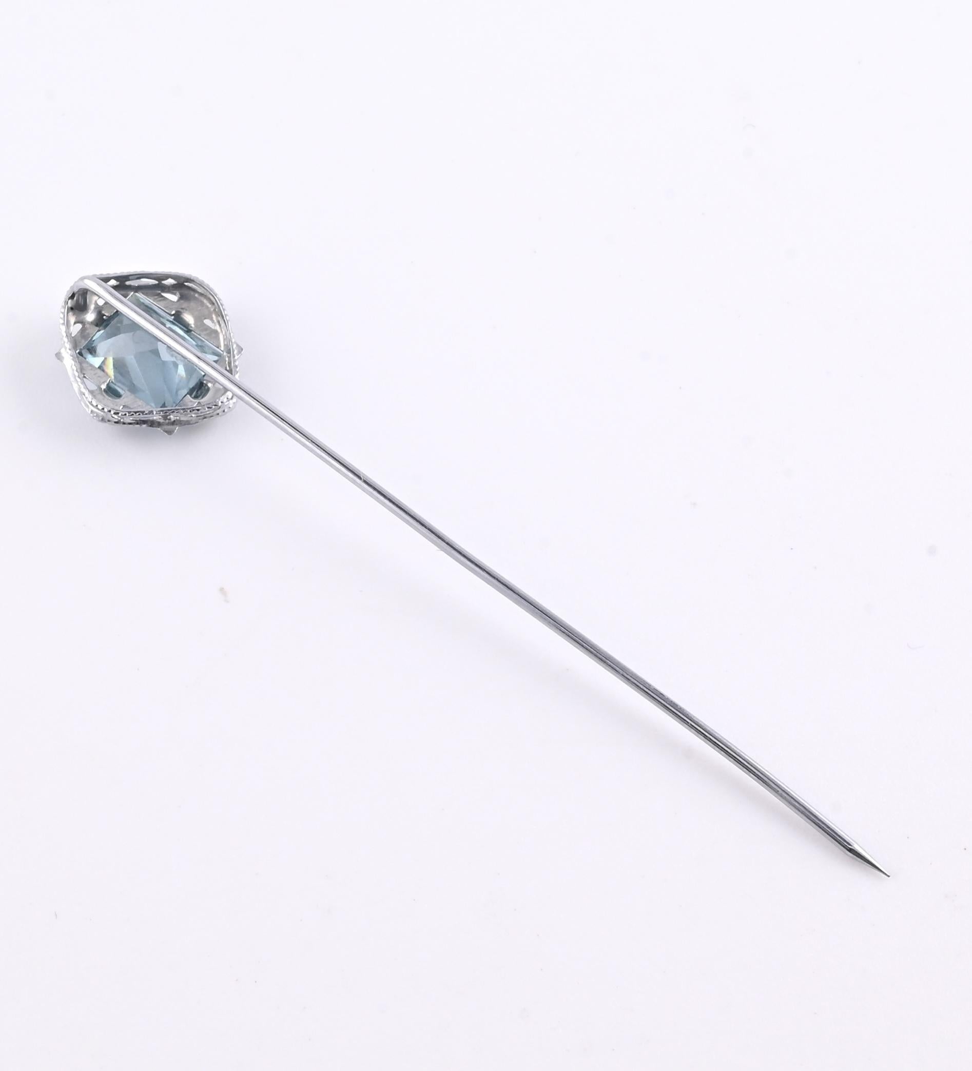 Vintage 10K White Gold Stick Pin Blue Spinel Lab Grown Lapel Tie Pin Estate 2.5”