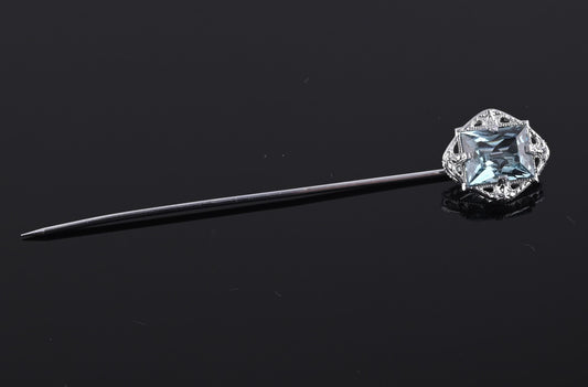 Vintage 10K White Gold Stick Pin Blue Spinel Lab Grown Lapel Tie Pin Estate 2.5”