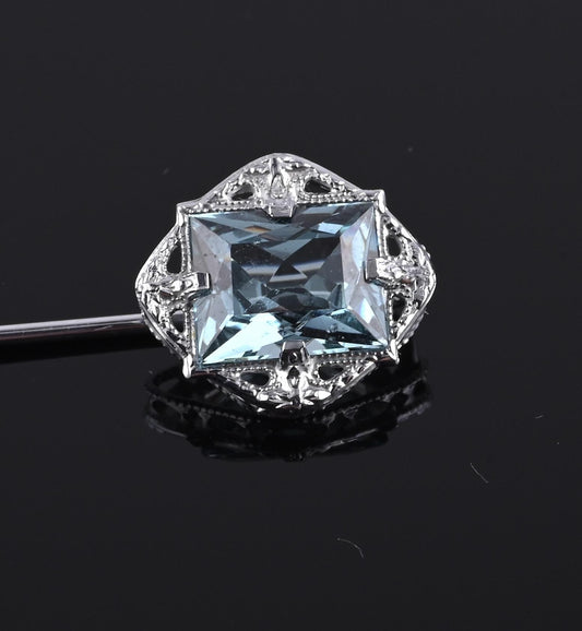 Vintage 10K White Gold Stick Pin Blue Spinel Lab Grown Lapel Tie Pin Estate 2.5”