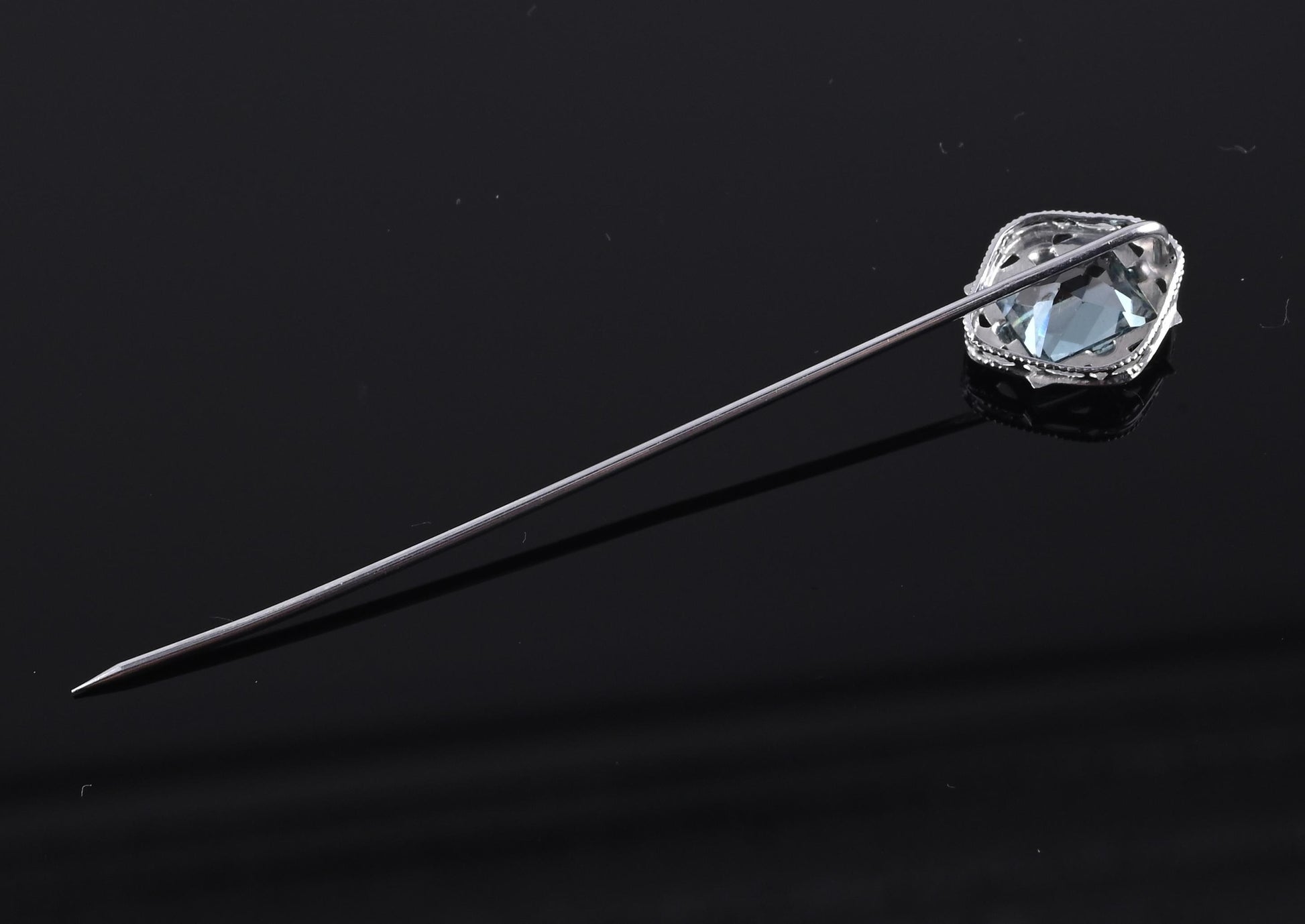 Vintage 10K White Gold Stick Pin Blue Spinel Lab Grown Lapel Tie Pin Estate 2.5”