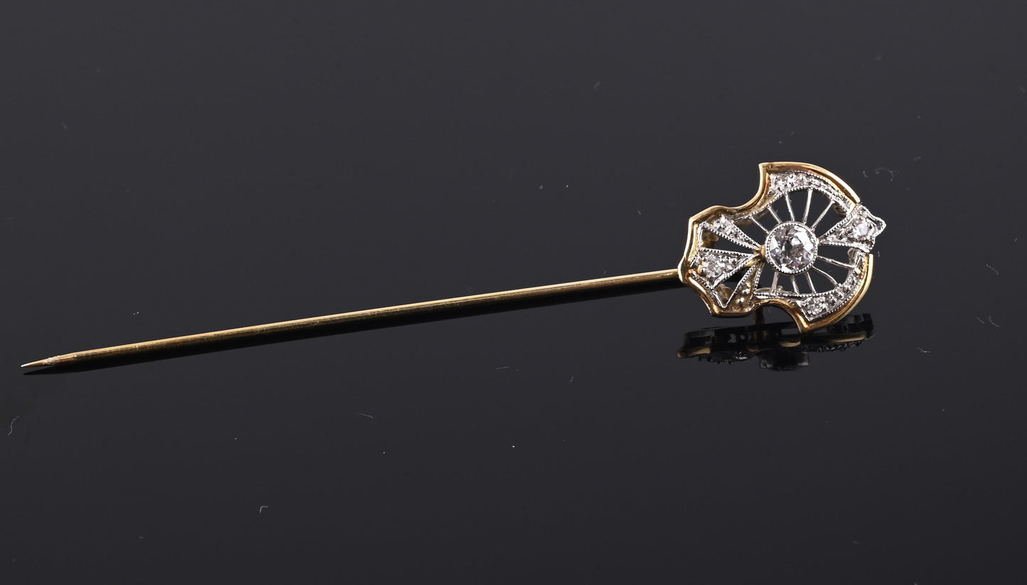 Art Deco 14K Gold & Platinum Diamond Stick Pin Old Euro Cut Antique Lapel Tie