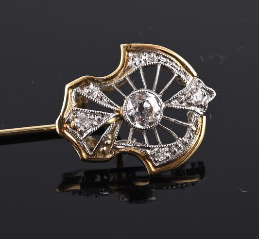 Art Deco 14K Gold & Platinum Diamond Stick Pin Old Euro Cut Antique Lapel Tie