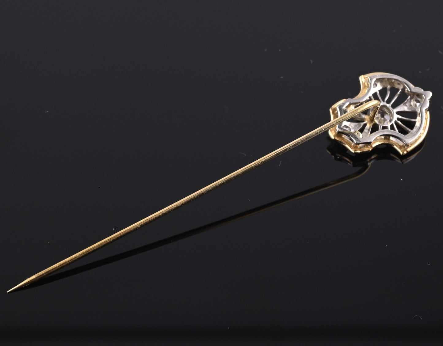Art Deco 14K Gold & Platinum Diamond Stick Pin Old Euro Cut Antique Lapel Tie
