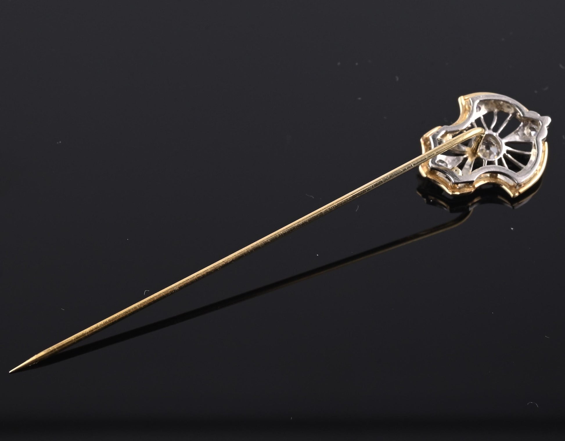 Art Deco 14K Gold & Platinum Diamond Stick Pin Old Euro Cut Antique Lapel Tie