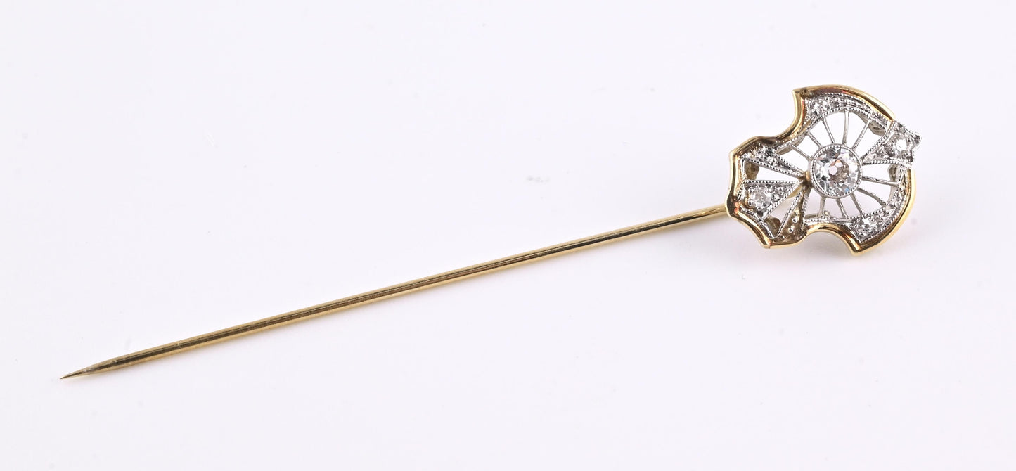 Art Deco 14K Gold & Platinum Diamond Stick Pin Old Euro Cut Antique Lapel Tie