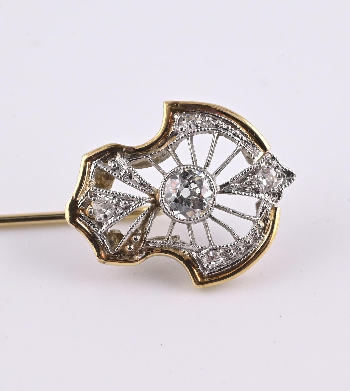 Art Deco 14K Gold & Platinum Diamond Stick Pin Old Euro Cut Antique Lapel Tie