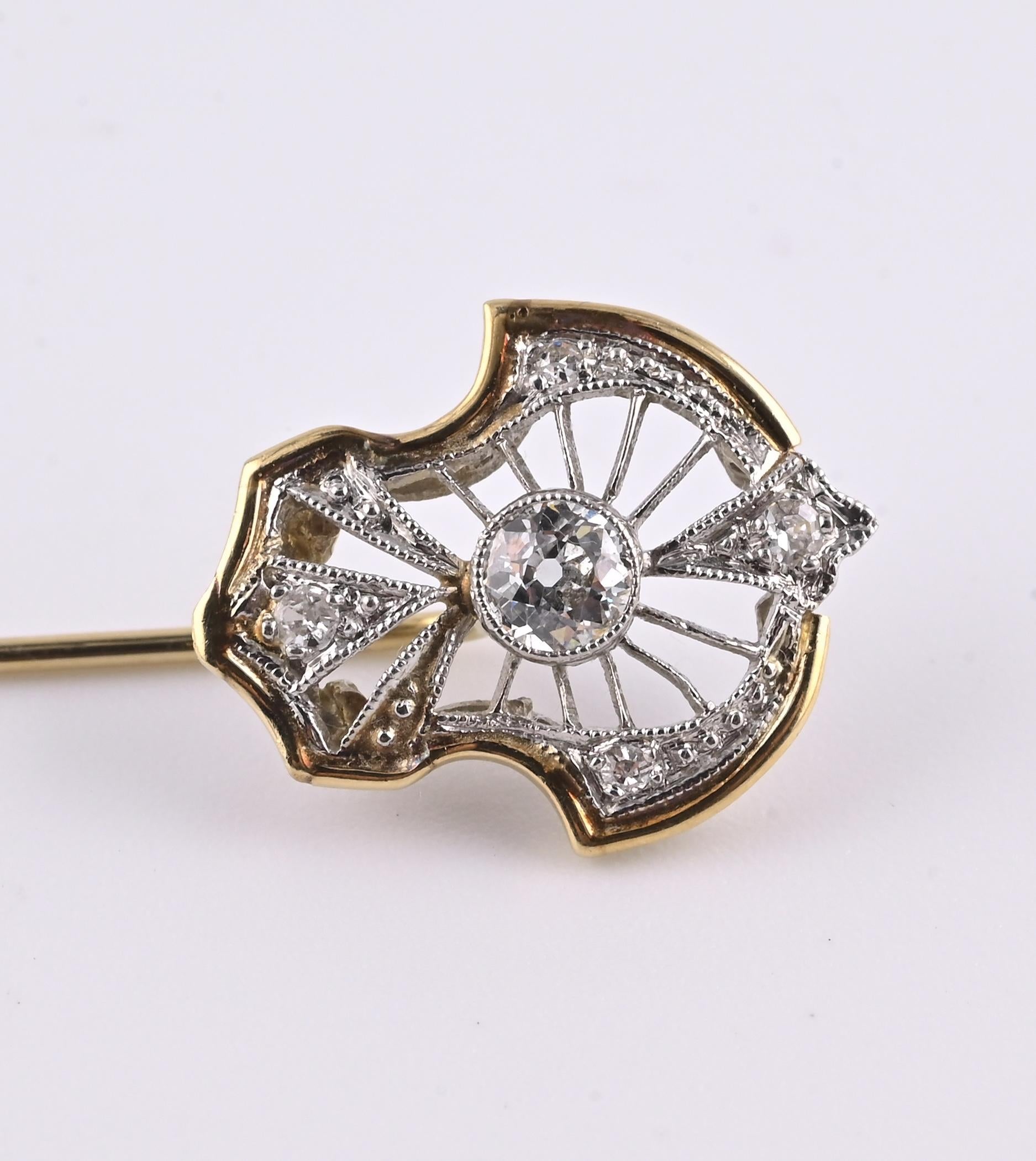 Art Deco 14K Gold & Platinum Diamond Stick Pin Old Euro Cut Antique Lapel Tie