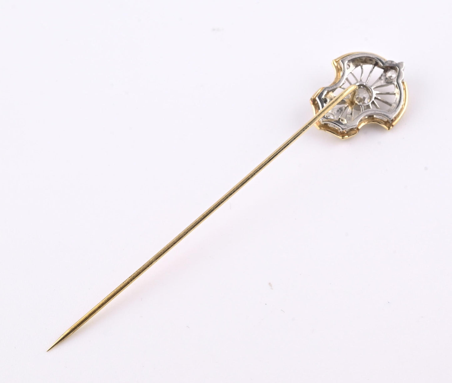 Art Deco 14K Gold & Platinum Diamond Stick Pin Old Euro Cut Antique Lapel Tie