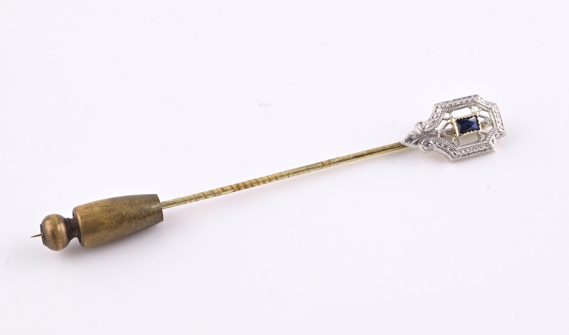 Antique 14K Yellow Gold Stick Pin Blue Sapphire Estate Lapel Tie Pin 2.5”