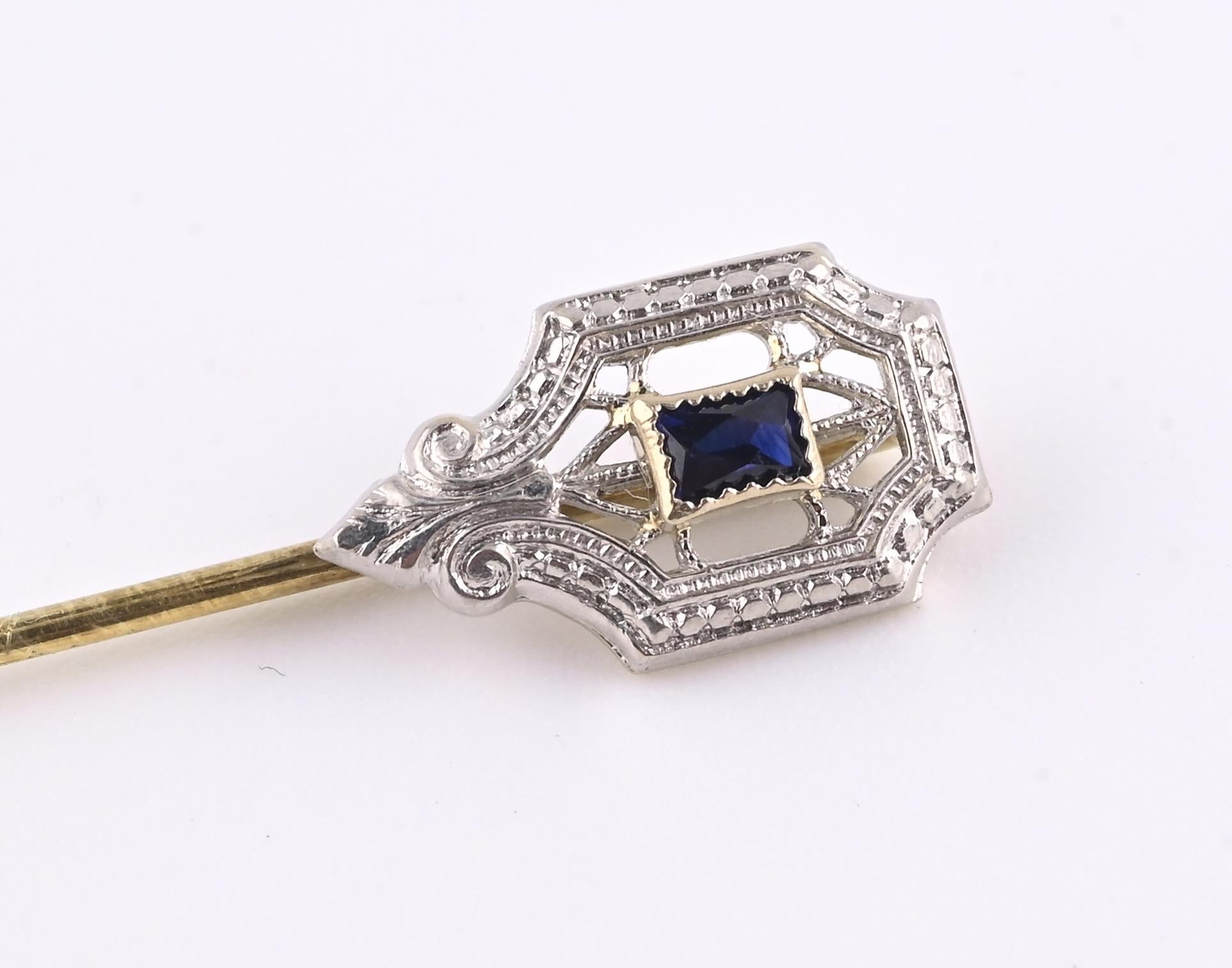 Antique 14K Yellow Gold Stick Pin Blue Sapphire Estate Lapel Tie Pin 2.5”