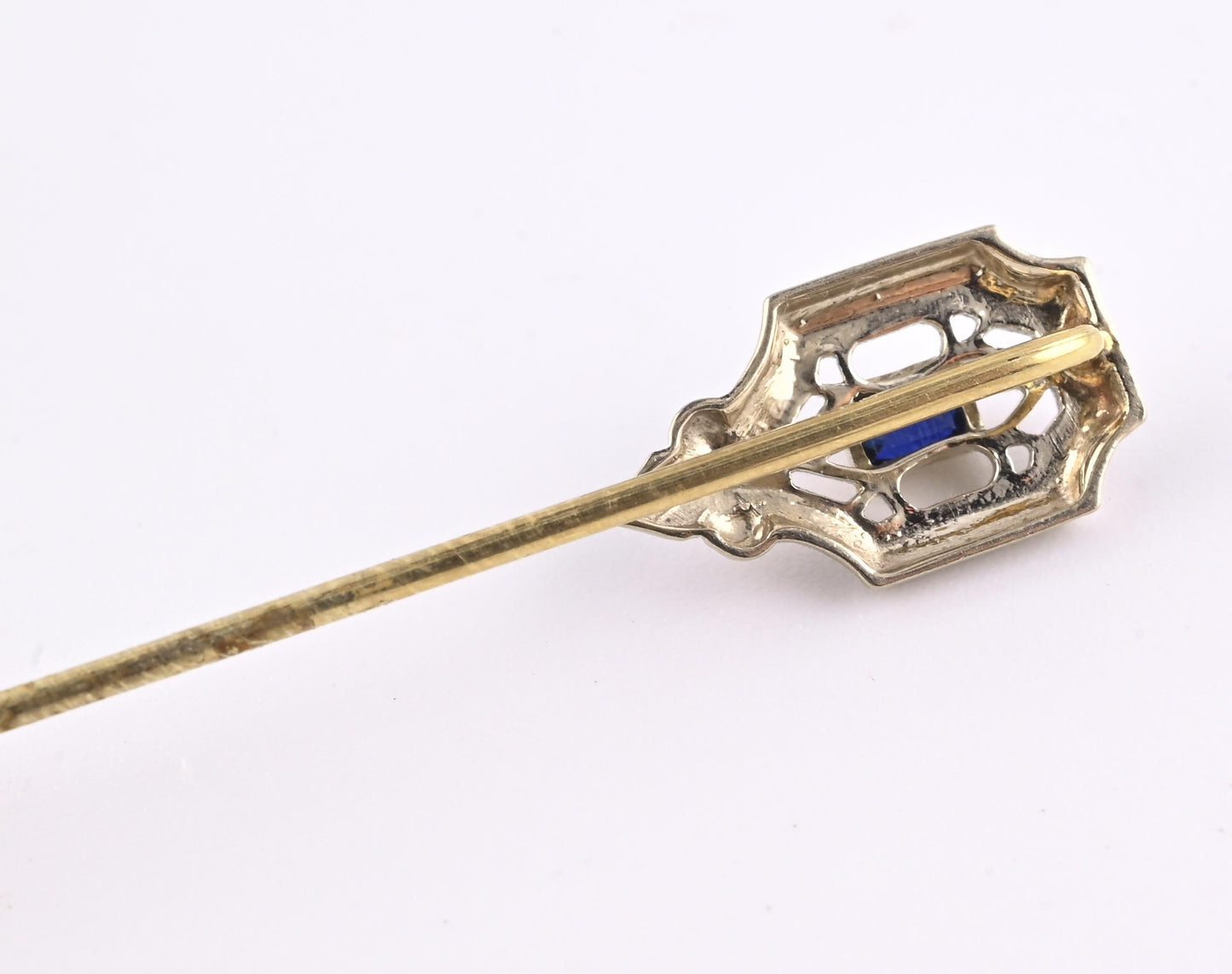 Antique 14K Yellow Gold Stick Pin Blue Sapphire Estate Lapel Tie Pin 2.5”