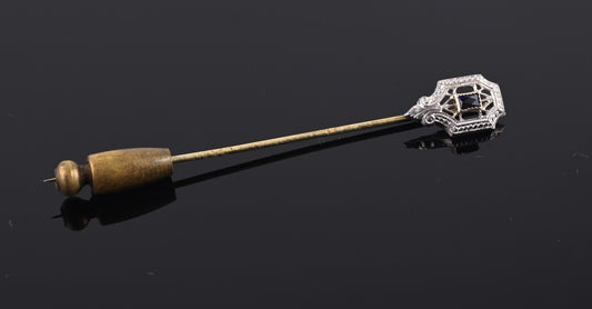 Antique 14K Yellow Gold Stick Pin Blue Sapphire Estate Lapel Tie Pin 2.5”