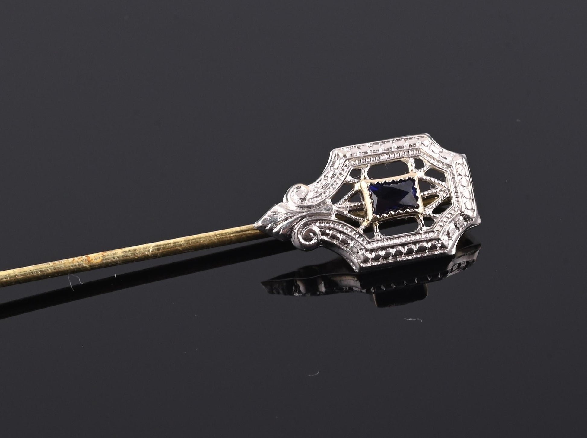 Antique 14K Yellow Gold Stick Pin Blue Sapphire Estate Lapel Tie Pin 2.5”