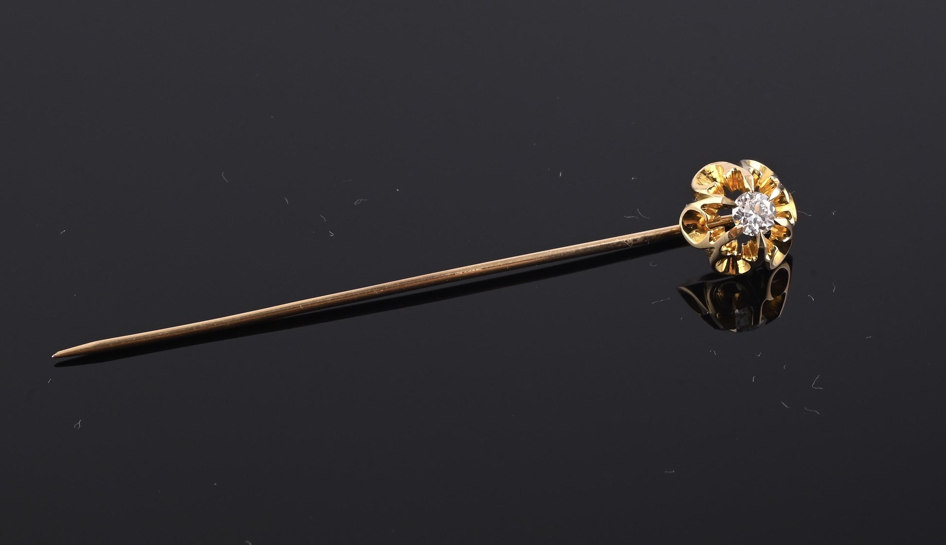 Antique 10K Yellow Gold Diamond Stick Pin Old Euro Old Mine Cut Lapel Tie Pin